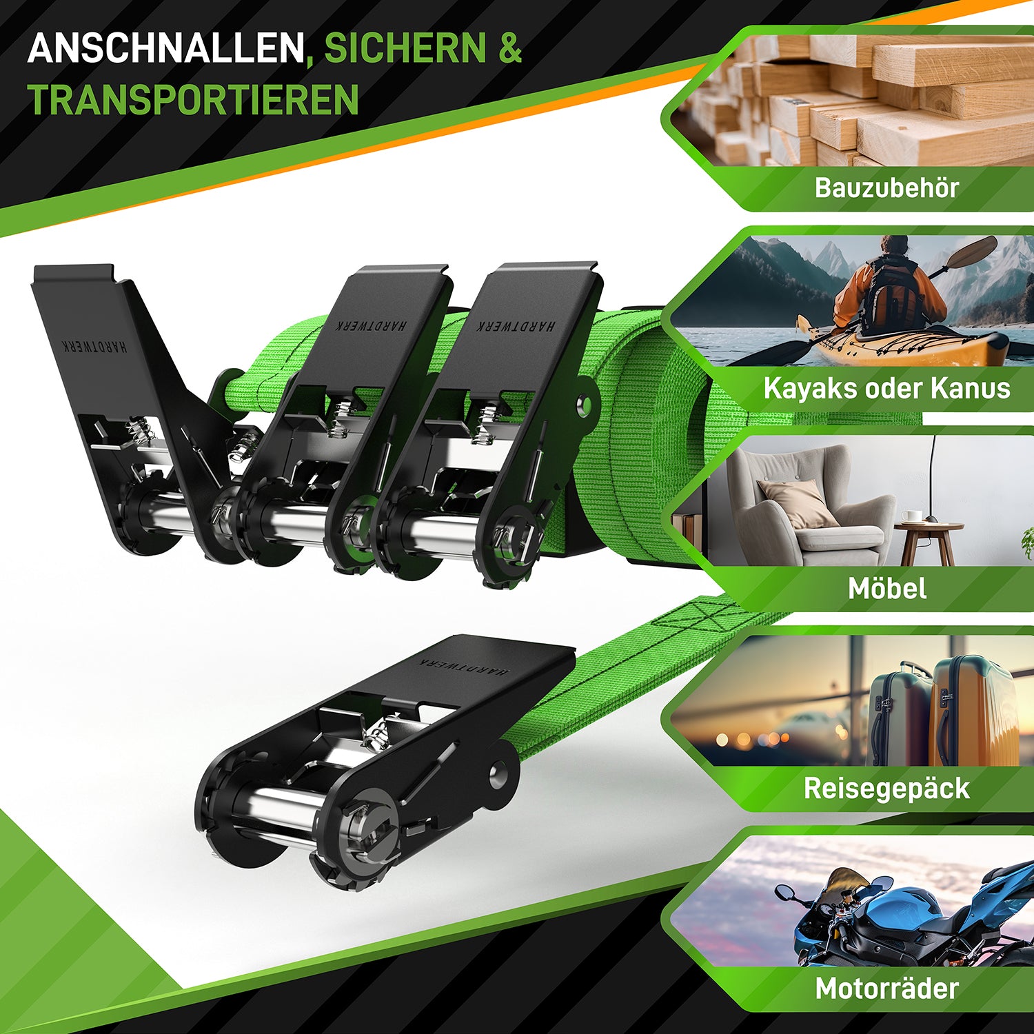 Spanngurte mit Ratschen - 4er-Set - Neongrün mit robustem Stahl-Ratschenmechanismus zur sicheren Ladungssicherung verschiedener Gegenstände.