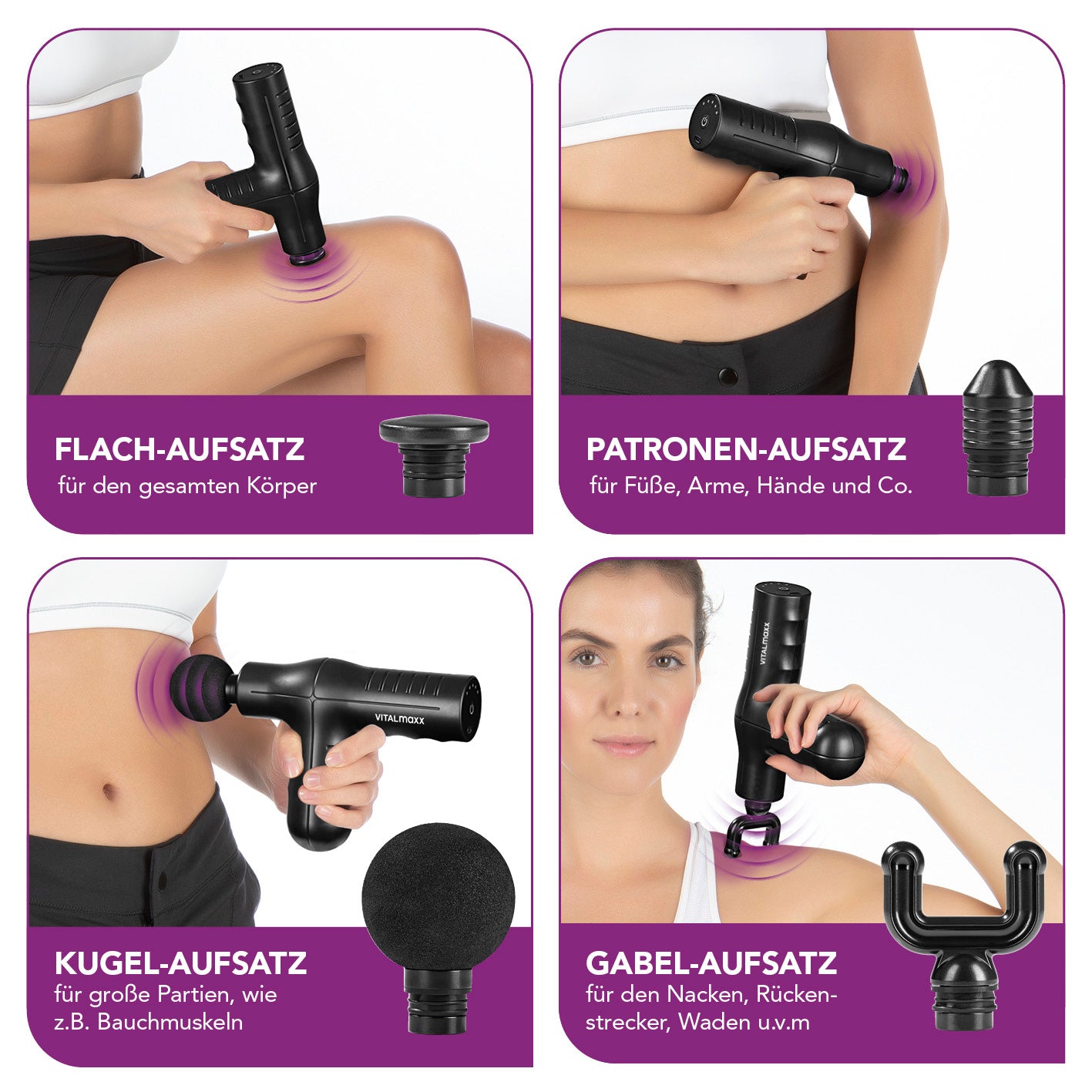 Mini-Massage Gun Smart Grip - schwarz mit 4 Aufsätzen für gezielte Massage an verschiedenen Körperstellen.