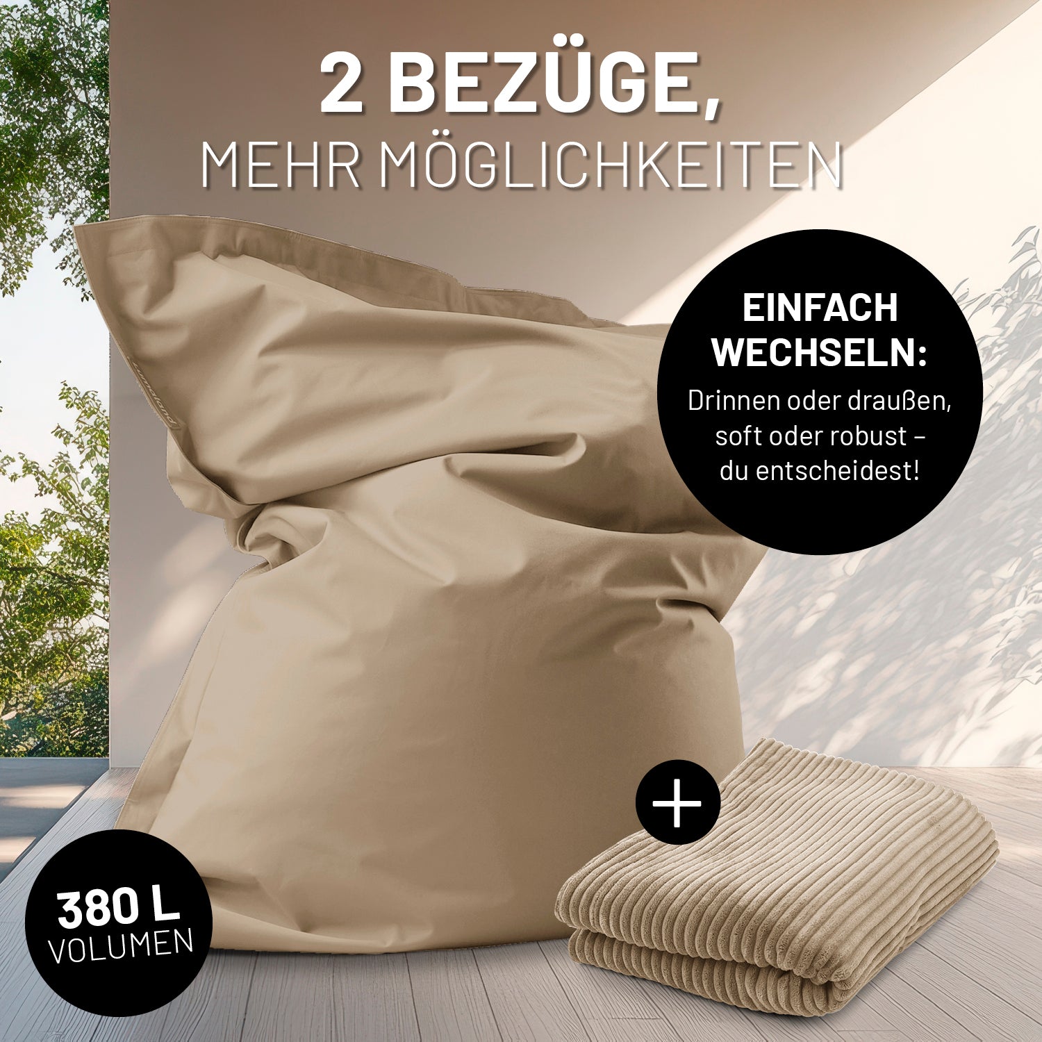 Sitzsack Classic XXL All-in-One Set 380 L 140 x 180 cm Beige mit 2 Bezügen für drinnen und draußen, soft und robust wechselbar