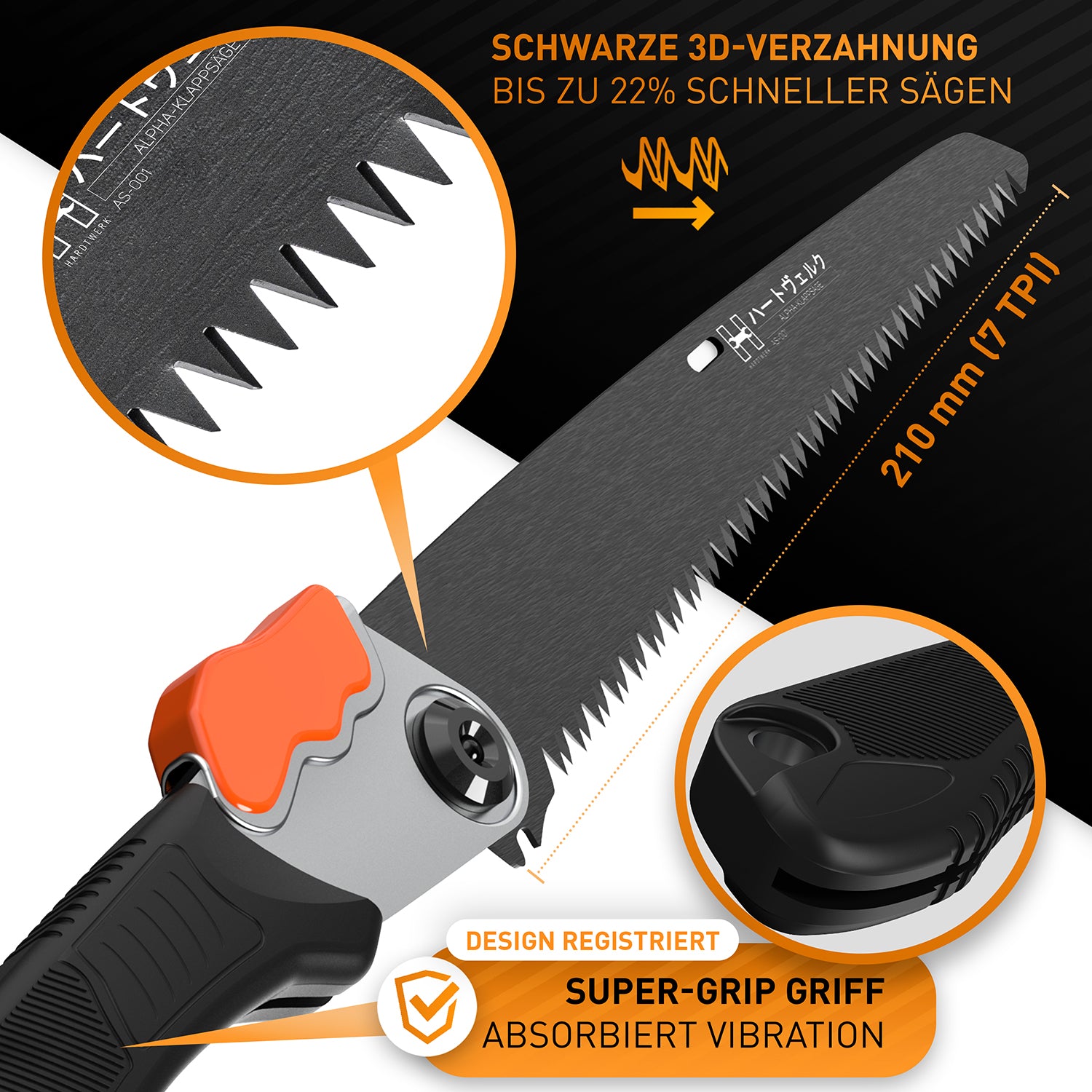 Klappbare Handsäge aus Karbonstahl - 21 cm mit 3D-Verzahnung, Sicherheitsarretierung und Super-Grip Griff von HARDTWERK.
