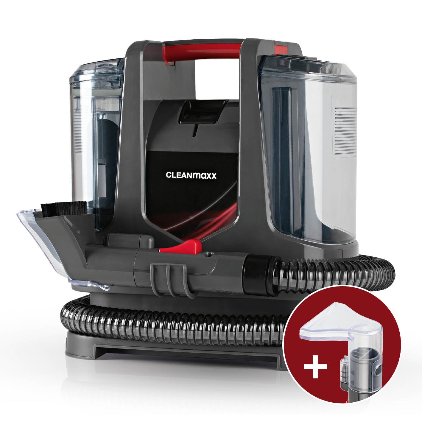 Polster- & Teppichreiniger von CLEANmaxx mit Dual-Tank, 2 Düsen und flexiblem Schlauch für gründliche Fasertiefenreinigung.
