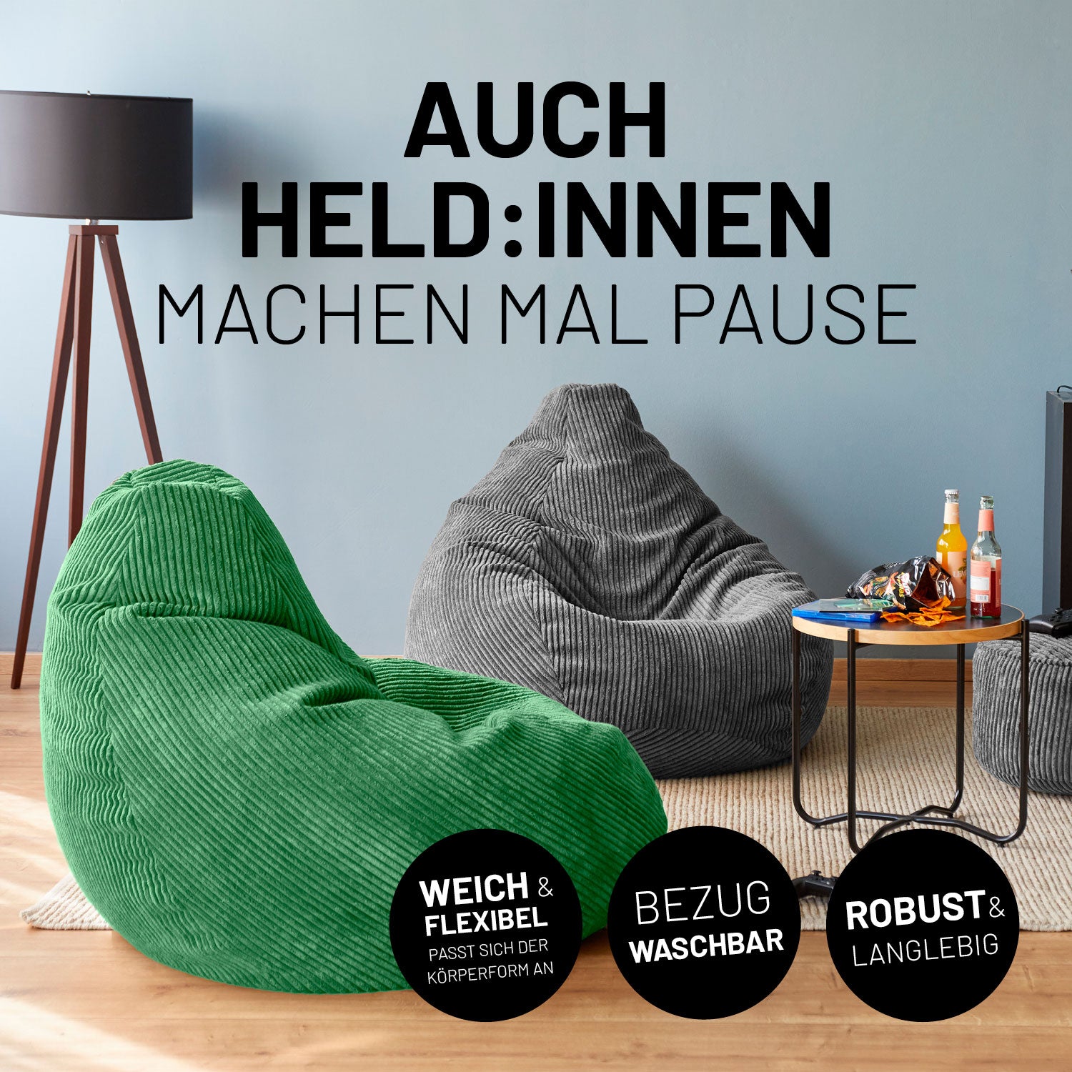 Sitzsack GIANT aus der Cord-Reihe - Dunkelgrün im modernen Vintage-Look, weich, flexibel und mit waschbarem Bezug.