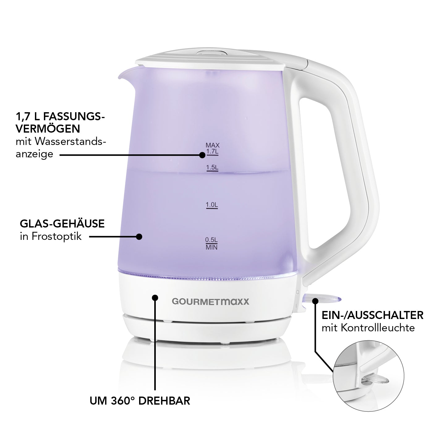 Glas-Wasserkocher mit Frostglas-Design 1,7 Liter Fassungsvermögen, Wasserstandsanzeige, LED-Beleuchtung, kabellos und 360° drehbar.