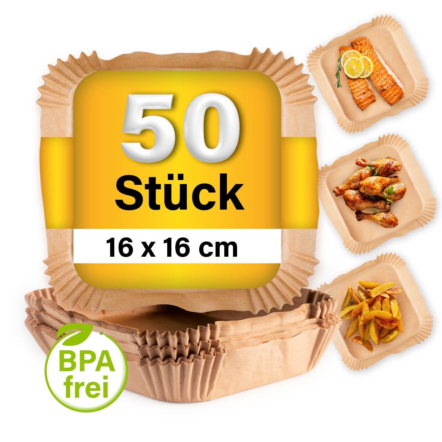 Backpapierschalen für Heißluftfritteusen (2–5 l) 50 Stück, 16x16x4,5 cm, hitzebeständig, antihaftbeschichtet, BPA-frei.