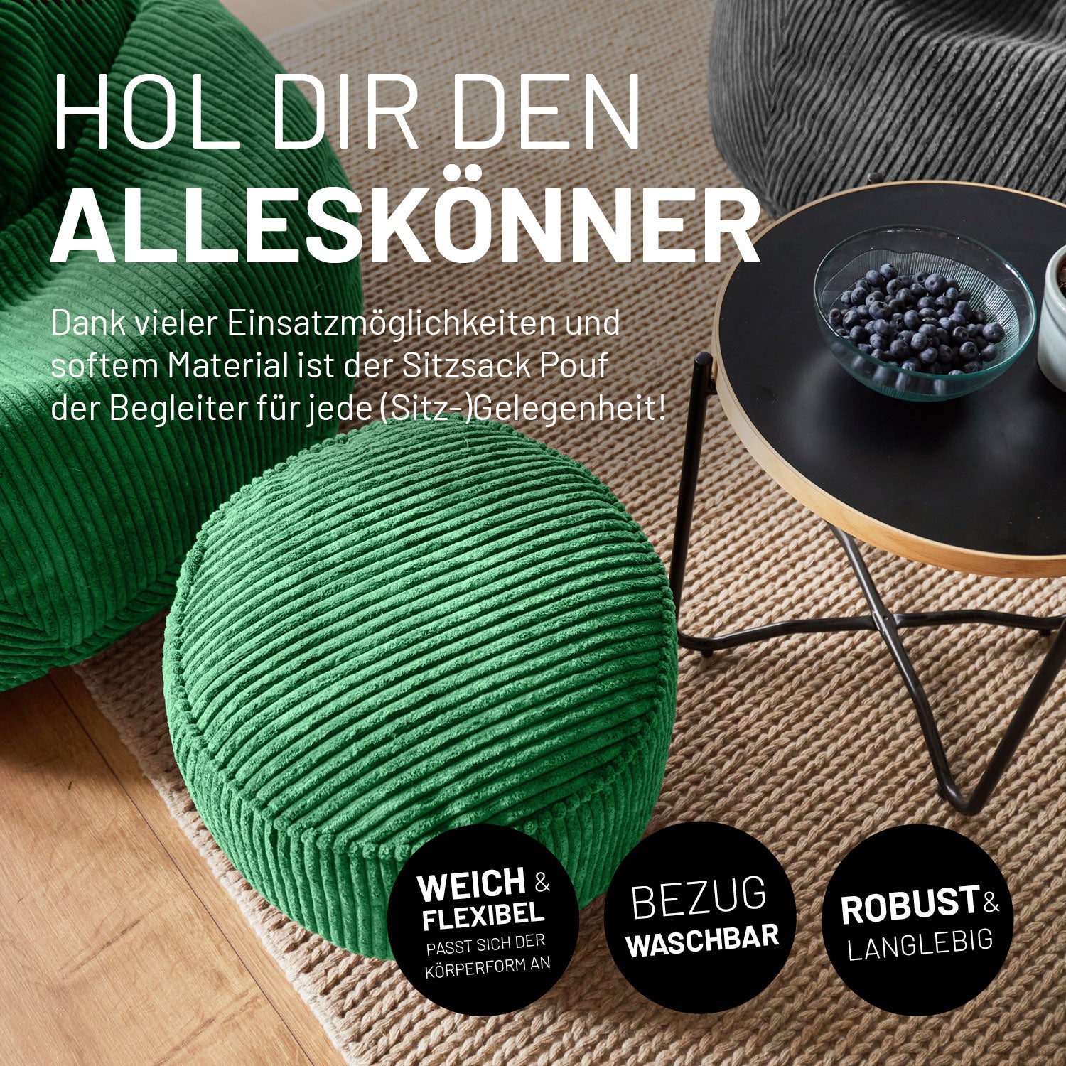 Sitzsack Pouf aus der Cord-Reihe - Dunkelgrün, vielseitig, weich, waschbarer Bezug und robust für Indoor im Vintage-Boho-Stil.