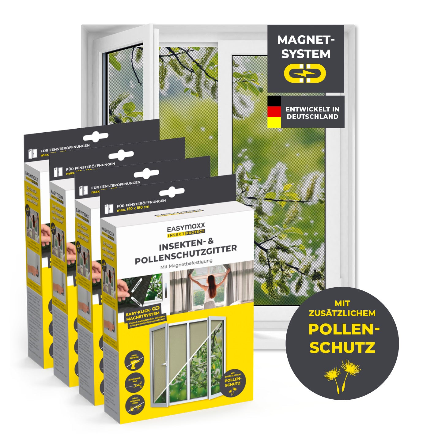 Insekten- & Pollenschutzgitter mit Magnetbefestigung - 4er-Set, schwarzes Fliegennetz, zuschneidbar, mit Pollenschutz für Fenster bis 150x180cm.