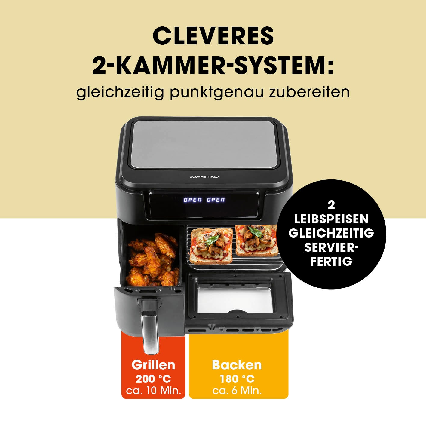 4-in-1-Heißluftfritteuse mit cleverem 2-Kammer-System zum gleichzeitigen Grillen und Backen bei bis zu 200 °C.
