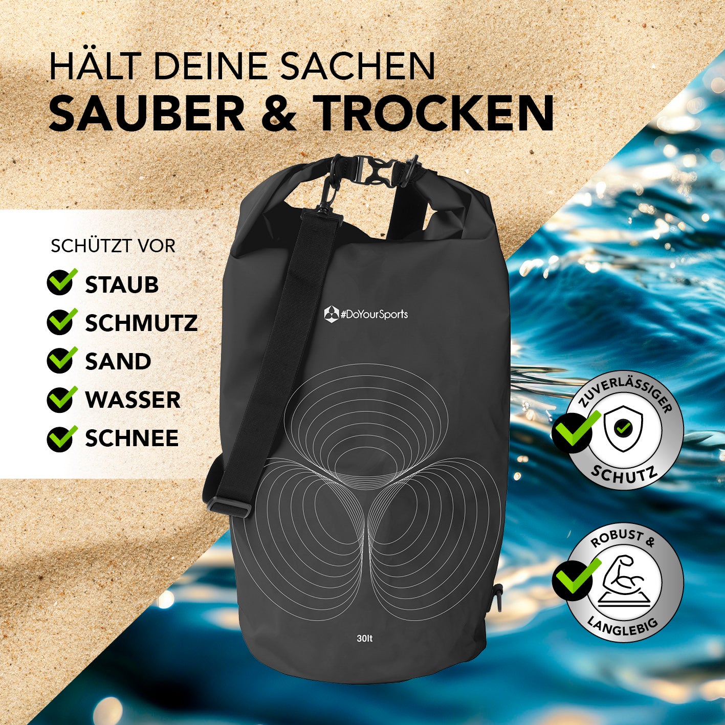 Dry Bag 30L - Schwarz wasserdichter, robuster Outdoor-Rucksack mit Rolltop-Verschluss, schützt vor Staub, Schmutz, Wasser und Sand.