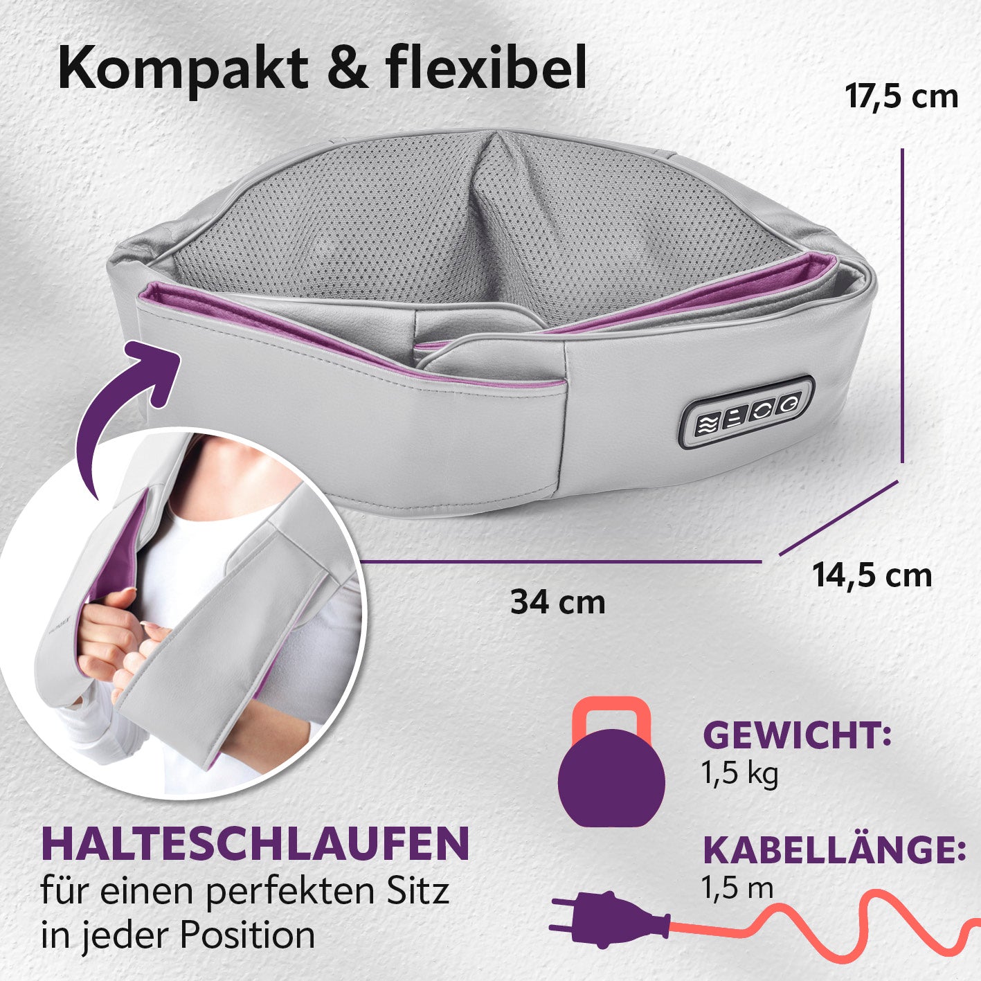 Shiatsu-Massagegerät kompakt und flexibel mit Halteschlaufen für optimalen Sitz und einfache Anwendung bei Muskelentspannung.