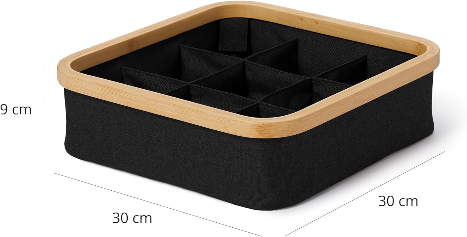Organizer mit Bambus-Rahmen - 3er-Set - Anthrazit: Quadratische Faltbox mit Bambusrahmen, 9 Fächer, Maße 30x30x9 cm, robuste Aufbewahrung.