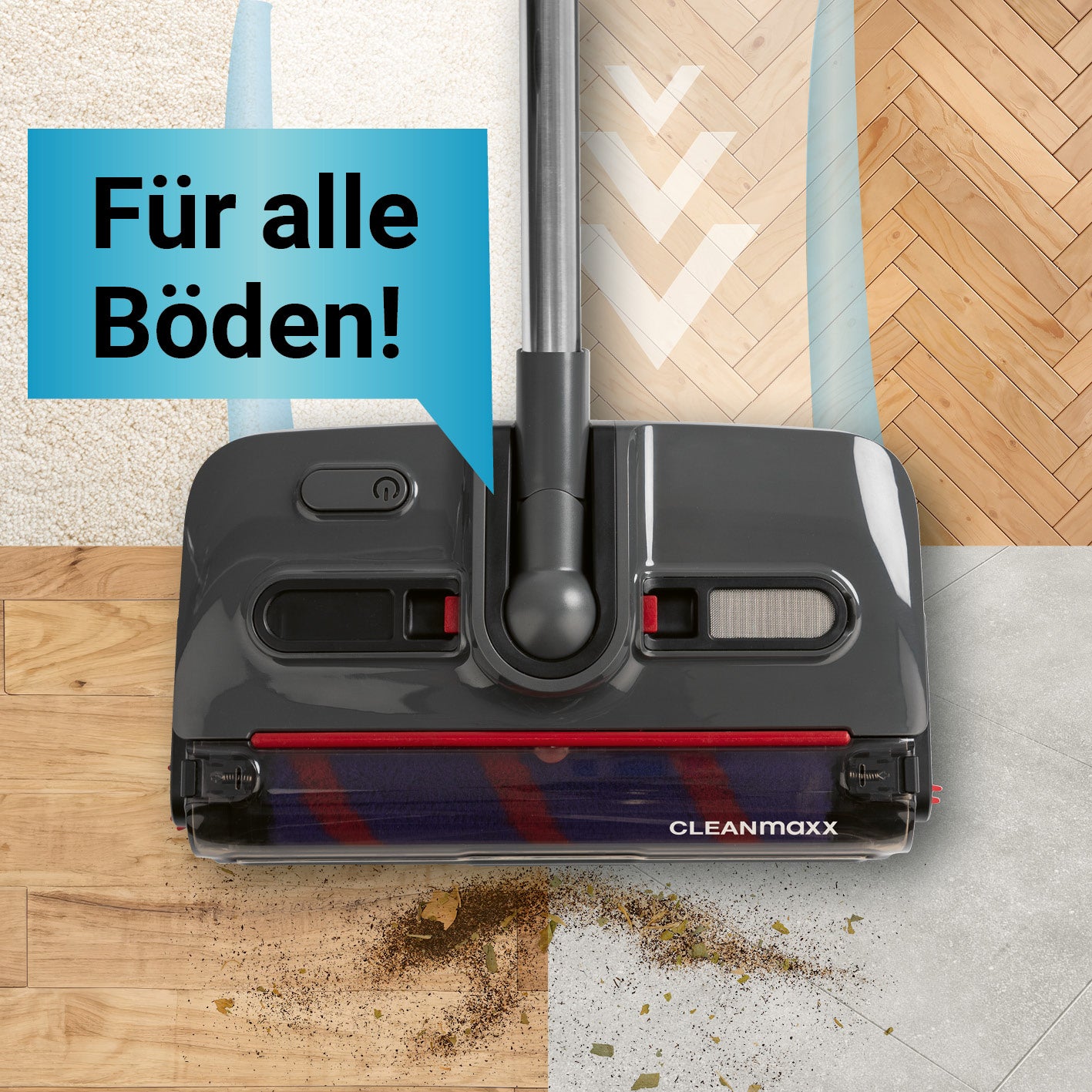 Akkubesen mit LED-Beleuchtung reinigt kraftvoll alle Böden, kabellos mit flexiblen Gelenken und integriertem Anti-Haar-System.