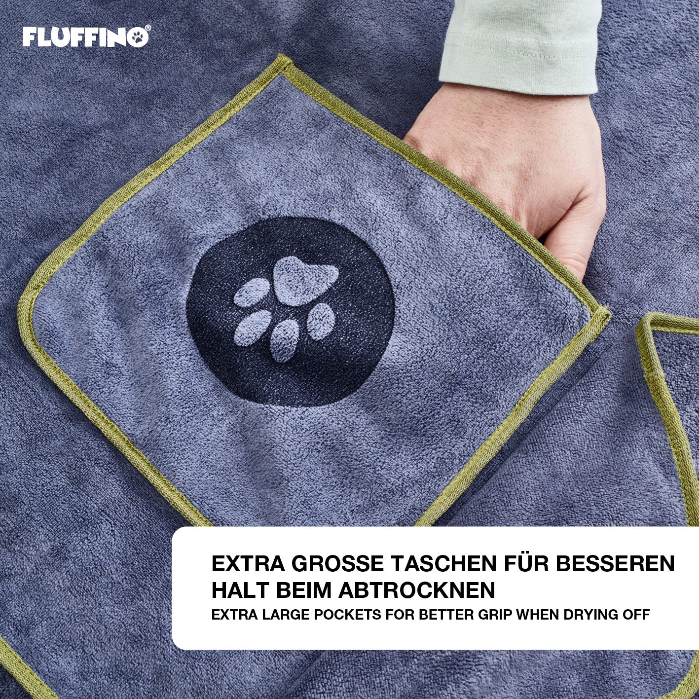 Hundehandtuch Mikrofaser – 2er-Pack - 120 x 70 cm - Grau & Grün mit extra großen Taschen für verbessertes Abtrocknen.