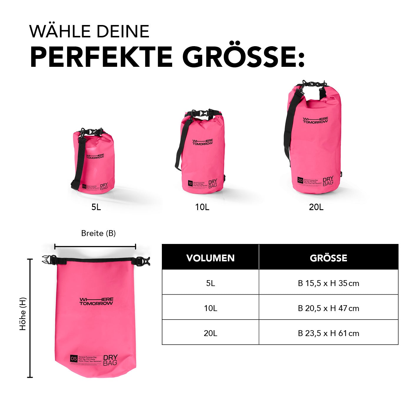 Dry Bag 10L - Style 01 - Pink, wasserdichter Outdoor-Rucksack mit robustem Rolltop, verstellbarem Schultergurt und UV-Schutz.