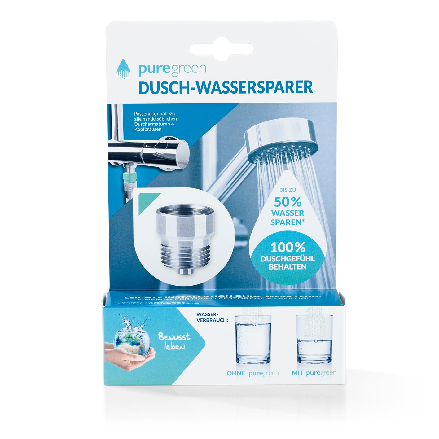 Wassersparer für die Dusche chromfarben, spart bis zu 50 % Wasser, einfache Montage, passt für Duscharmaturen und Kopfbrausen.