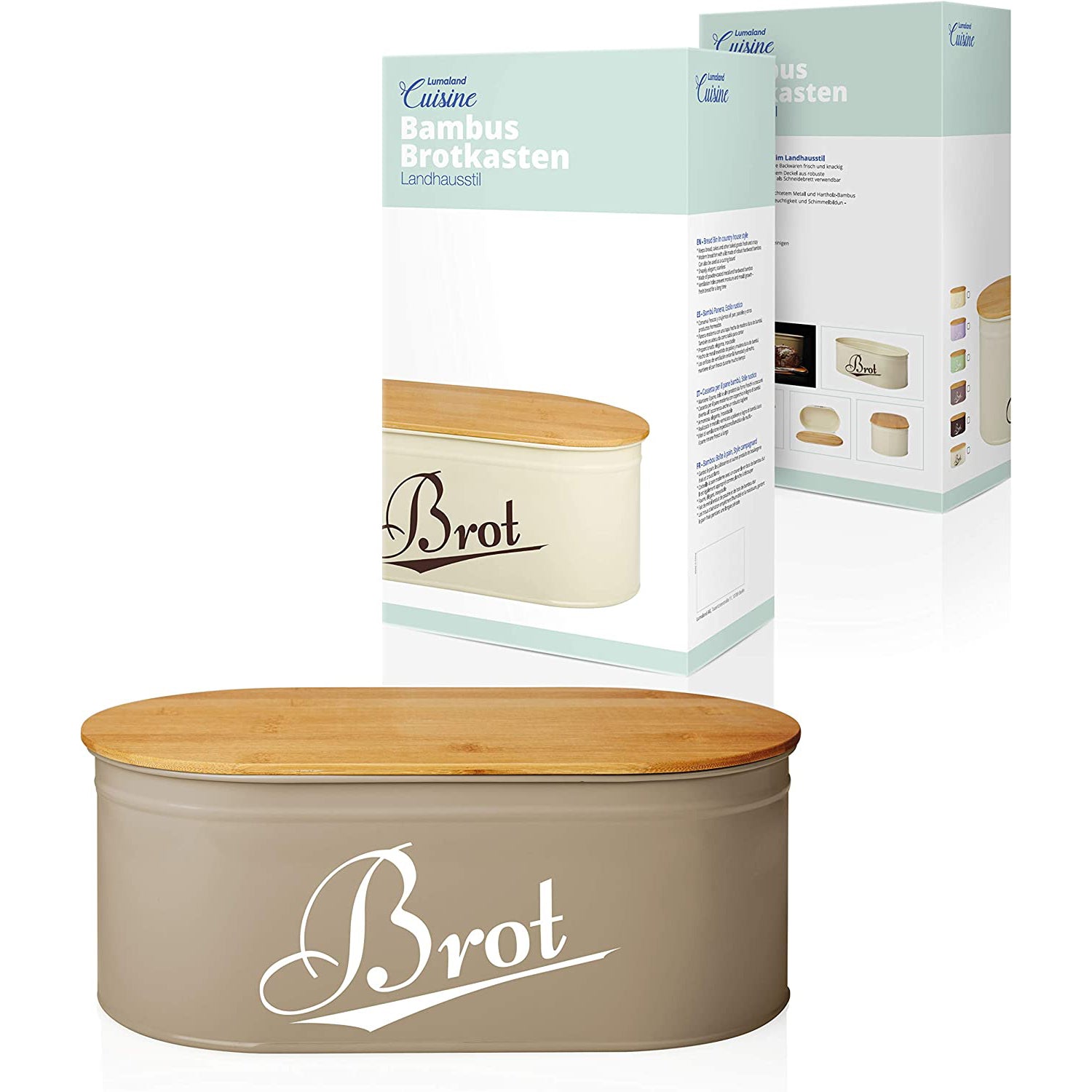 Cuisine Brotkasten aus Metall mit Bambus Deckel - Oval 36 x 20 x 13,8 cm - Grau, stilvoll und platzsparend mit Schneidebrett-Deckel.