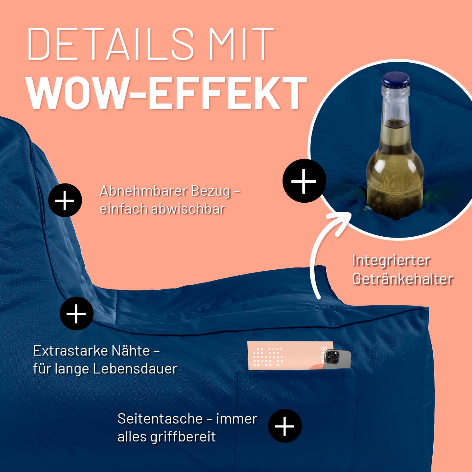Premium Lounge-Sessel - 380 L - 100 x 100 x 80 cm - Navyblau mit abnehmbarem Bezug, Getränkehalter, Seitentasche und robusten Nähten.