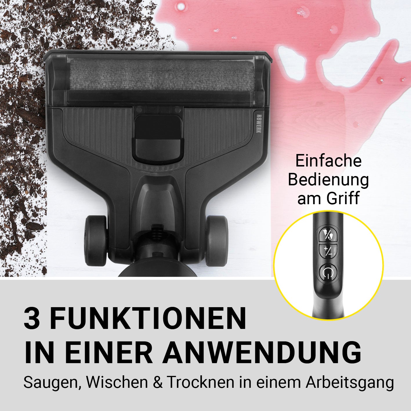 Saugwischer Smart Clean 3in1 saugt, wischt und trocknet Böden mit einfacher Bedienung und integriertem Universal-Bodenreiniger 500ml.