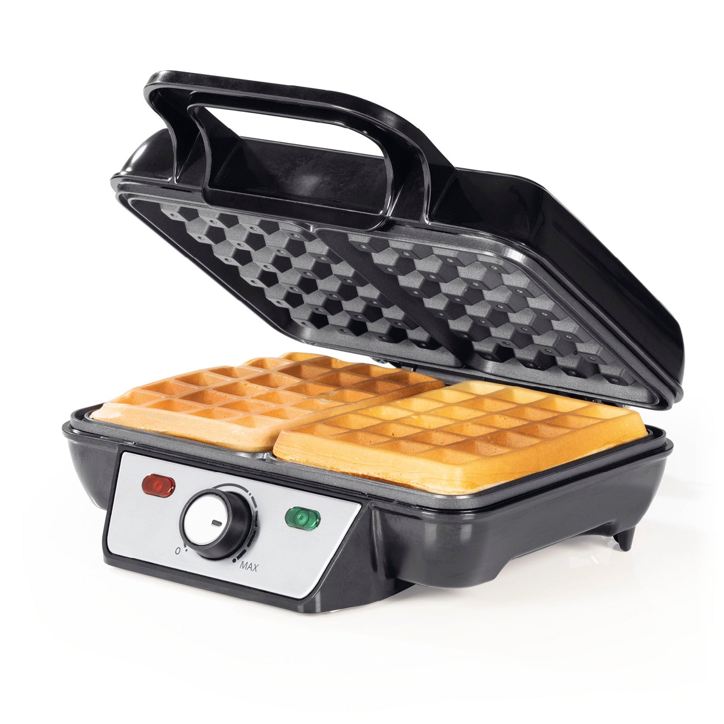 Waffeleisen für Belgische Waffeln mit Antihaftbeschichtung, stufenlos einstellbarem Bräunungsgrad und Cool-Touch-Griffen.