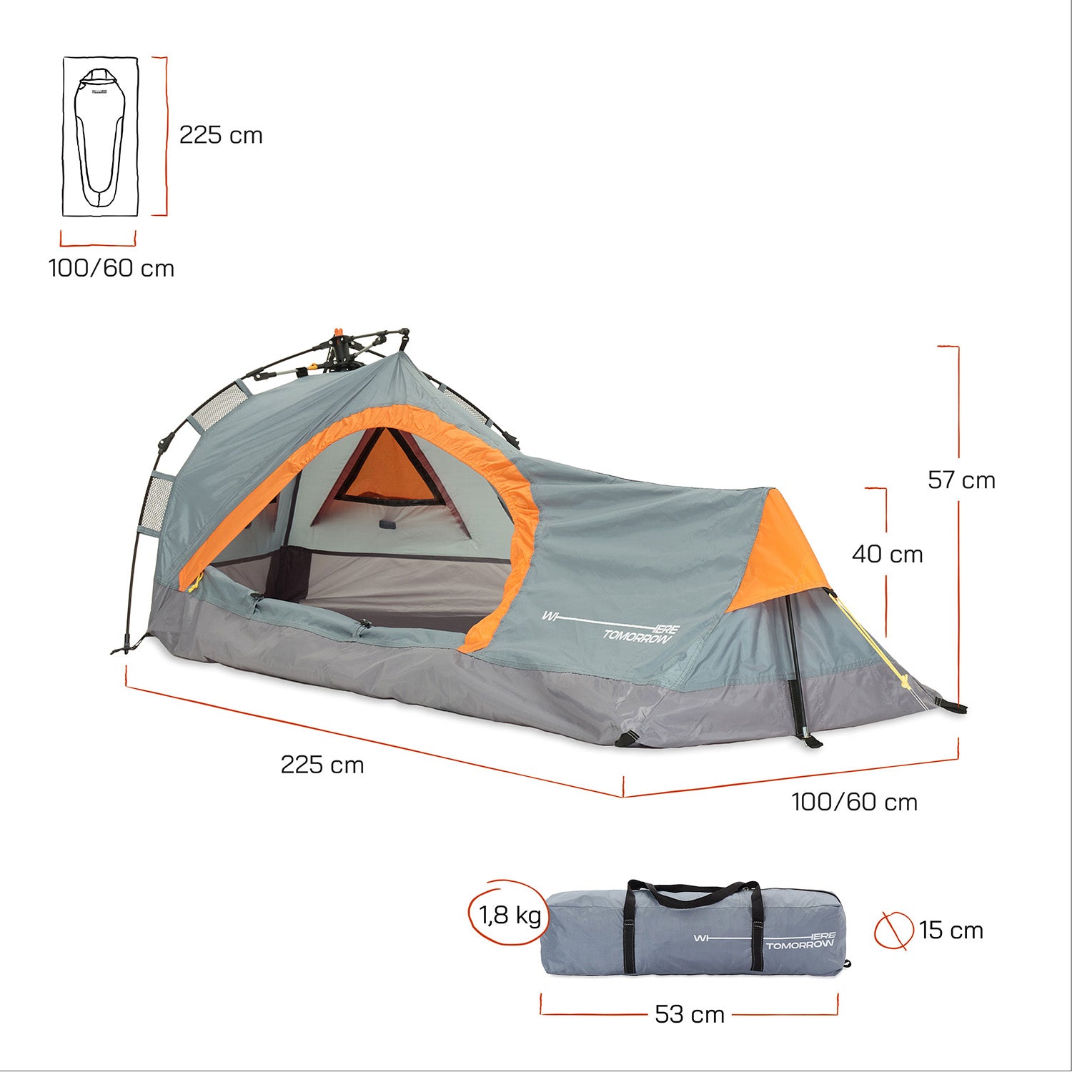 1-Personen-Zelt - Dreieck - 225x100x57 cm - Grau, ultraleicht, schnelles Quick Up, mit Sonnenschutz und guter Belüftung von Where Tomorrow.