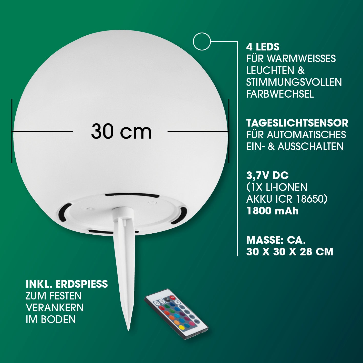 Solar-Dekokugel mit Farbwechsel - 2er-Set, 30 cm Durchmesser, inklusive Erdspieß und Fernbedienung für Farbwechsel und Lichtsteuerung.