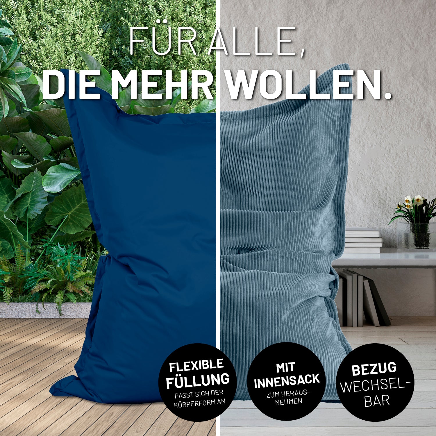 Sitzsack Classic XXL All-in-One Set - 380 L - 140 x 180 cm - Navyblau mit wechselbarem Bezug und flexiblem Innensack für Indoor und Outdoor.