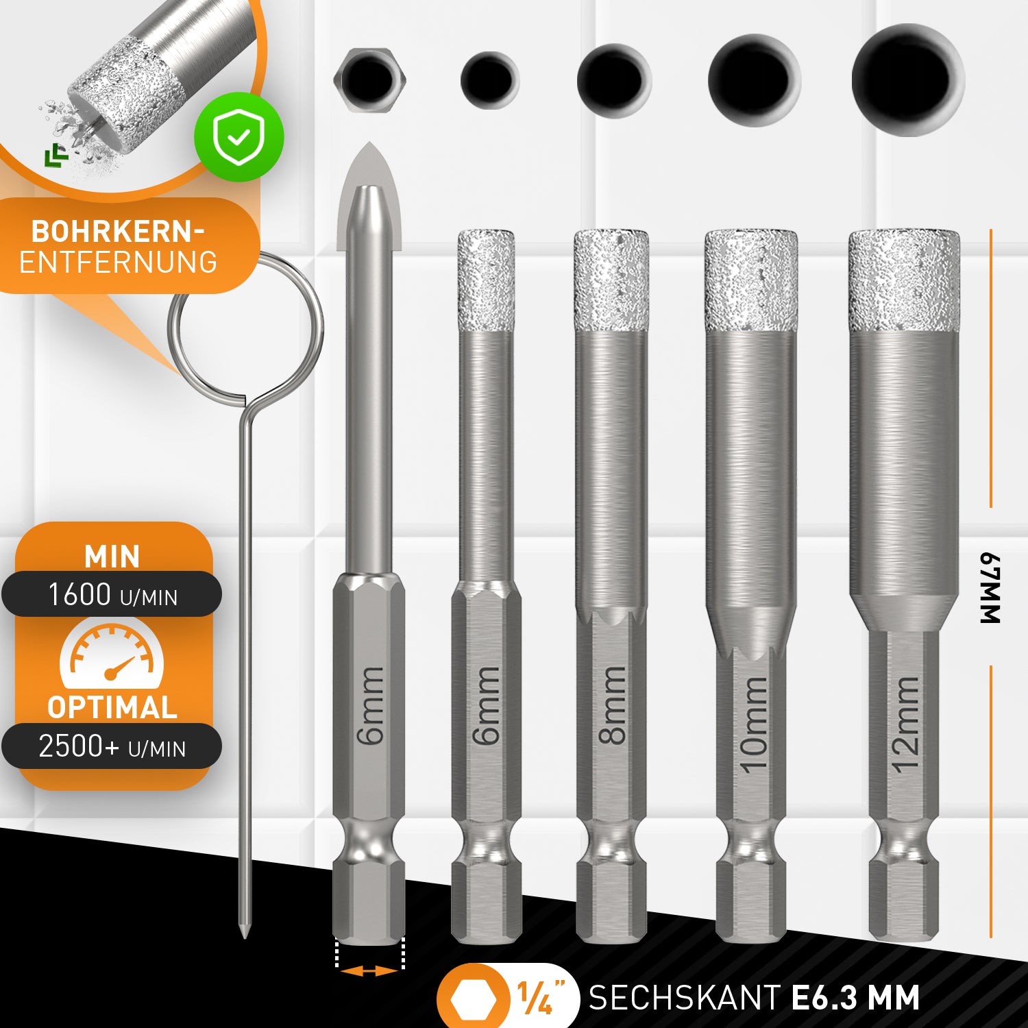 Fliesenbohrer Set 6-tlg. mit 6-12mm Diamantbohrern, 6mm Karbid-Anbohrer und Reinigungspin für präzise Bohrungen in Fliesen und Stein.
