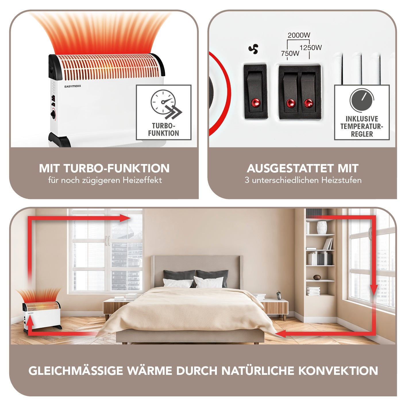 Heizkonvektor - weiß/schwarz mit 2000W, Turbo-Funktion, 3 Heizstufen, Thermostat und natürlicher Konvektion für gleichmäßige Wärme.