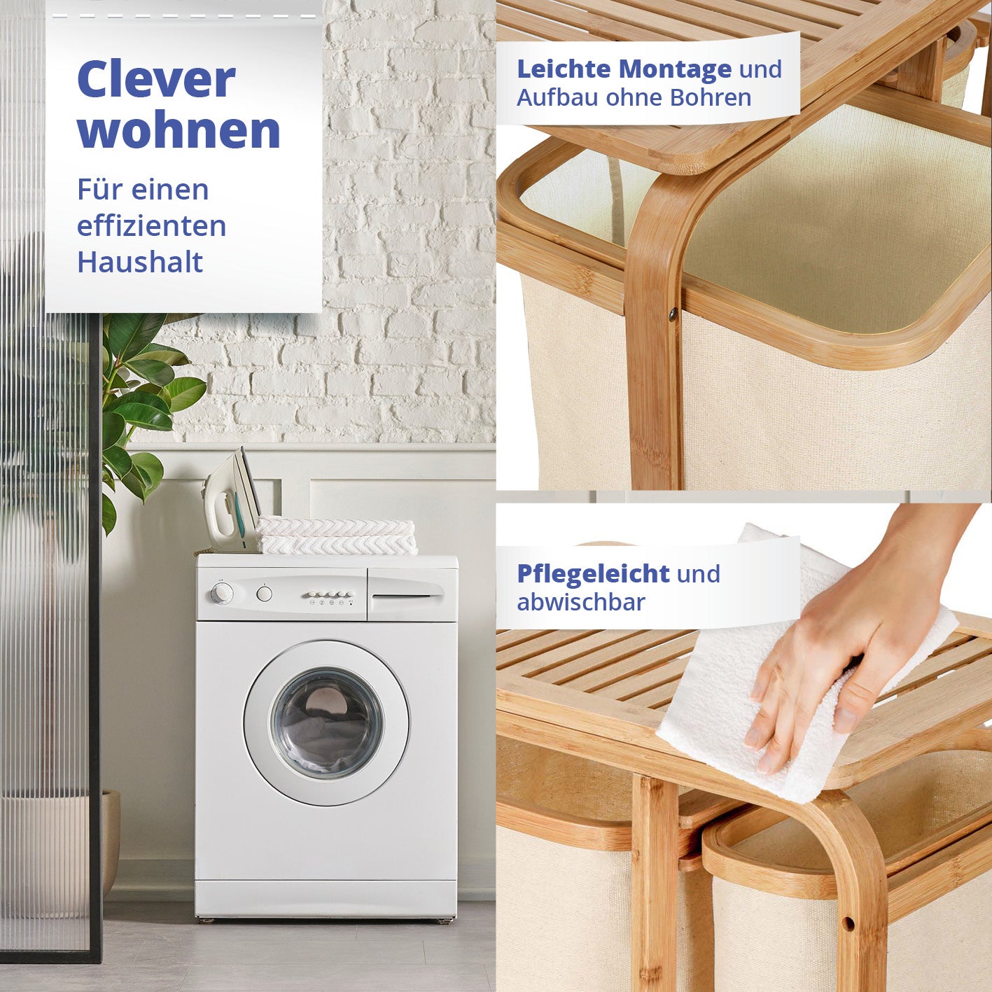 Bambus Wäschekorb - 1 XL Fach + 2 Kompaktfächer - 49,5 x 33 x 71 cm - Beige, pflegeleicht, leicht montierbar, naturnahes Design.