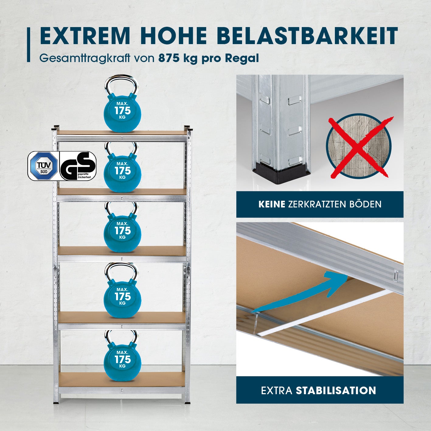 Schwerlastregal & Werkbank 2er-Set - 1750 kg Traglast, 175 kg pro Ebene, TÜV-geprüft, extrem belastbar, kratzfeste Böden, extra Stabilisation