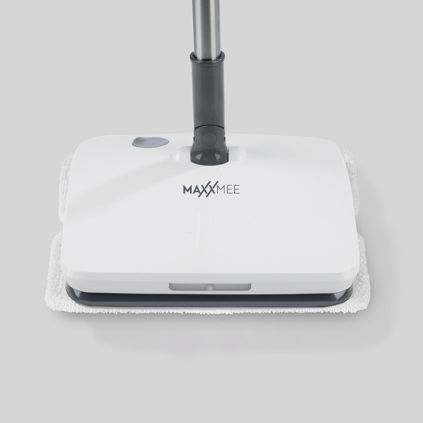 Akku-Vibrationsmopp mit Sprühfunktion - grau mit kabellosem Design und LED-Beleuchtung für gründliches Wischen ohne Eimer.