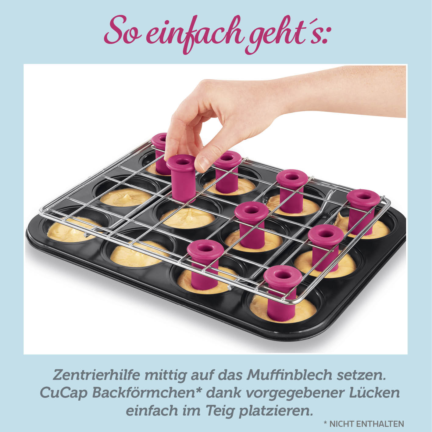 Backblech mit Zentrierhilfe für Muffins & Cupcakes zum stabilen und mittigen Platzieren von CuCap Backförmchen im Teig.
