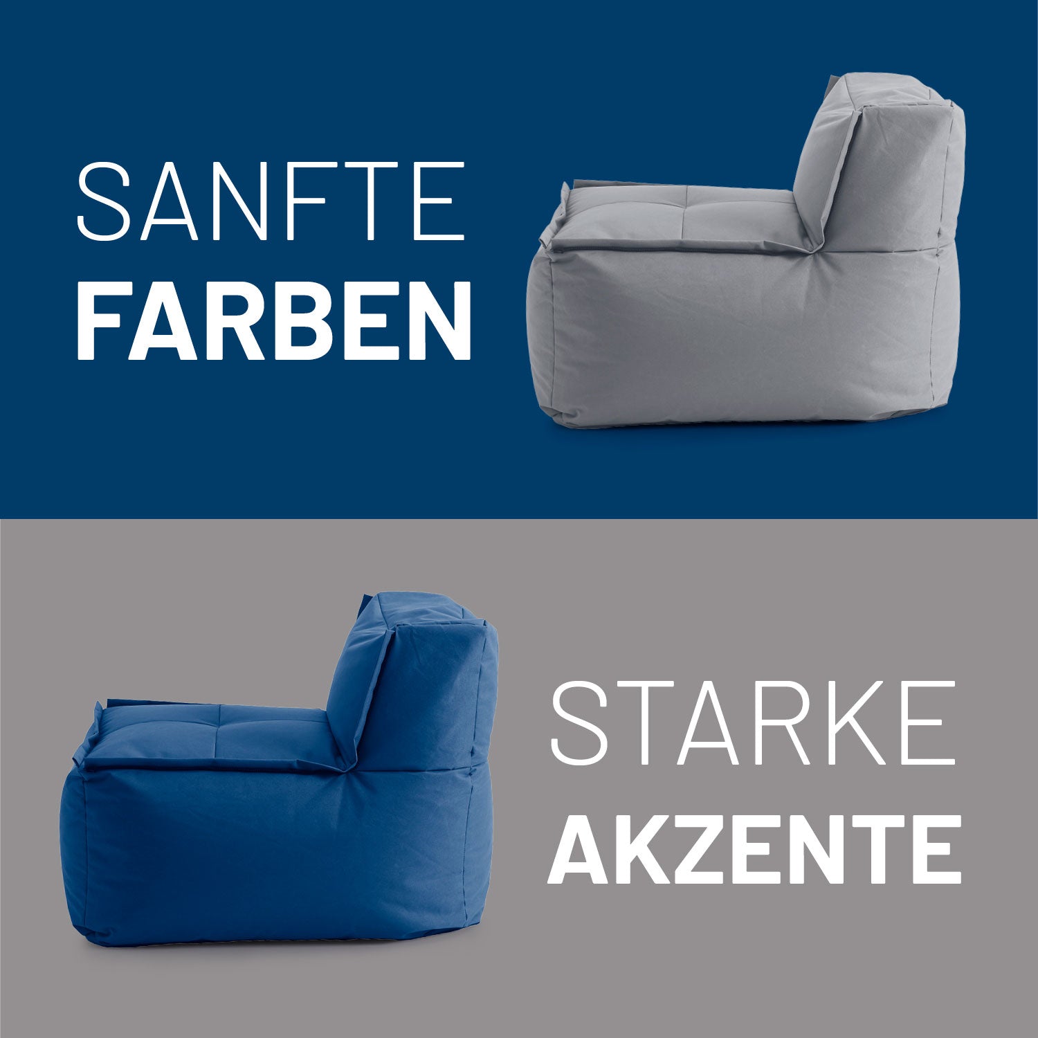 Sitzsack-Sofa Mittelstück (200 L) in Navyblau und Grau, modulares System für indoor & outdoor mit robustem, pflegeleichtem Bezug.