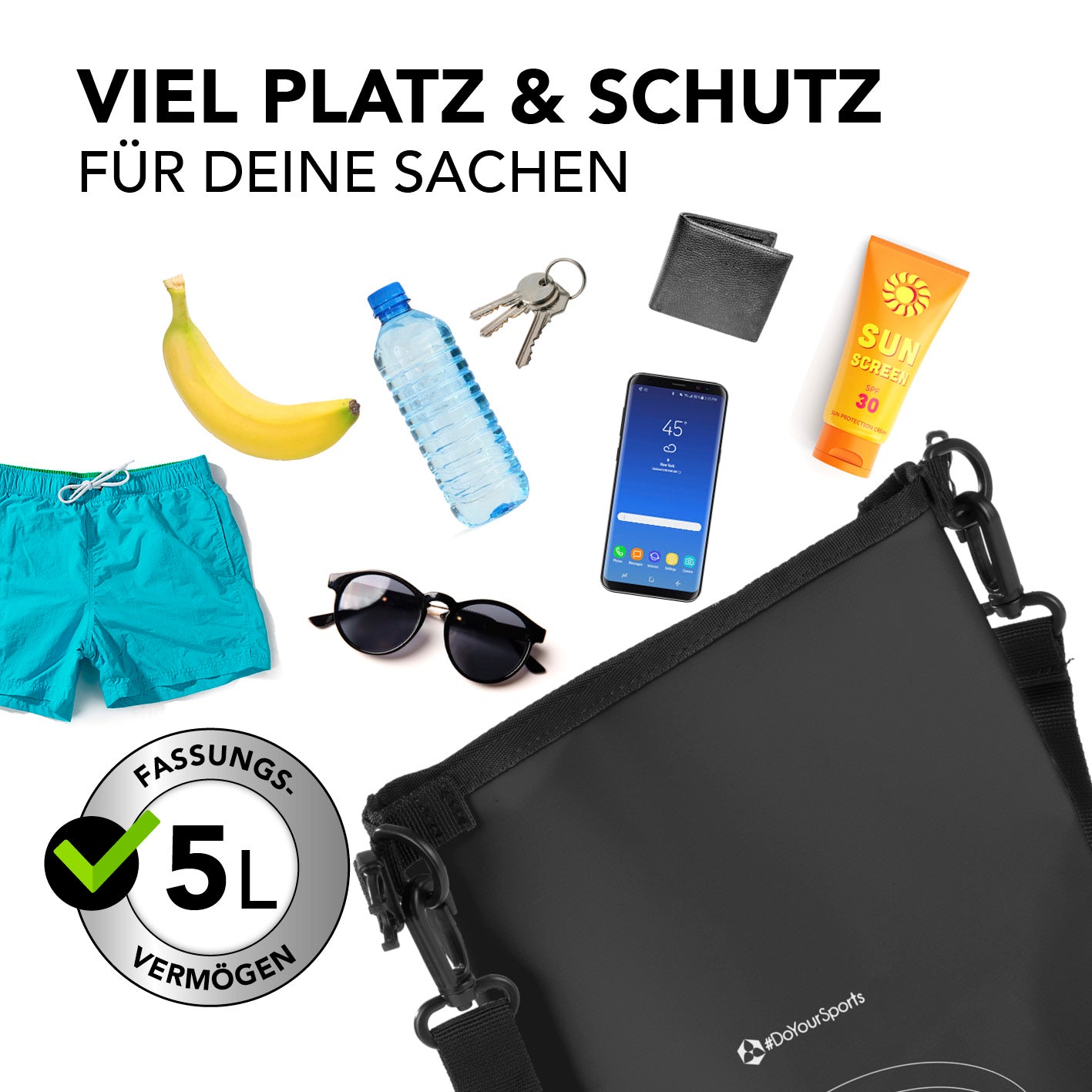 Dry Bag 5L - Schwarz wasserfester, robuster Outdoor-Rucksack mit viel Platz für Handy, Geldbörse und mehr, ideal für Abenteuer.