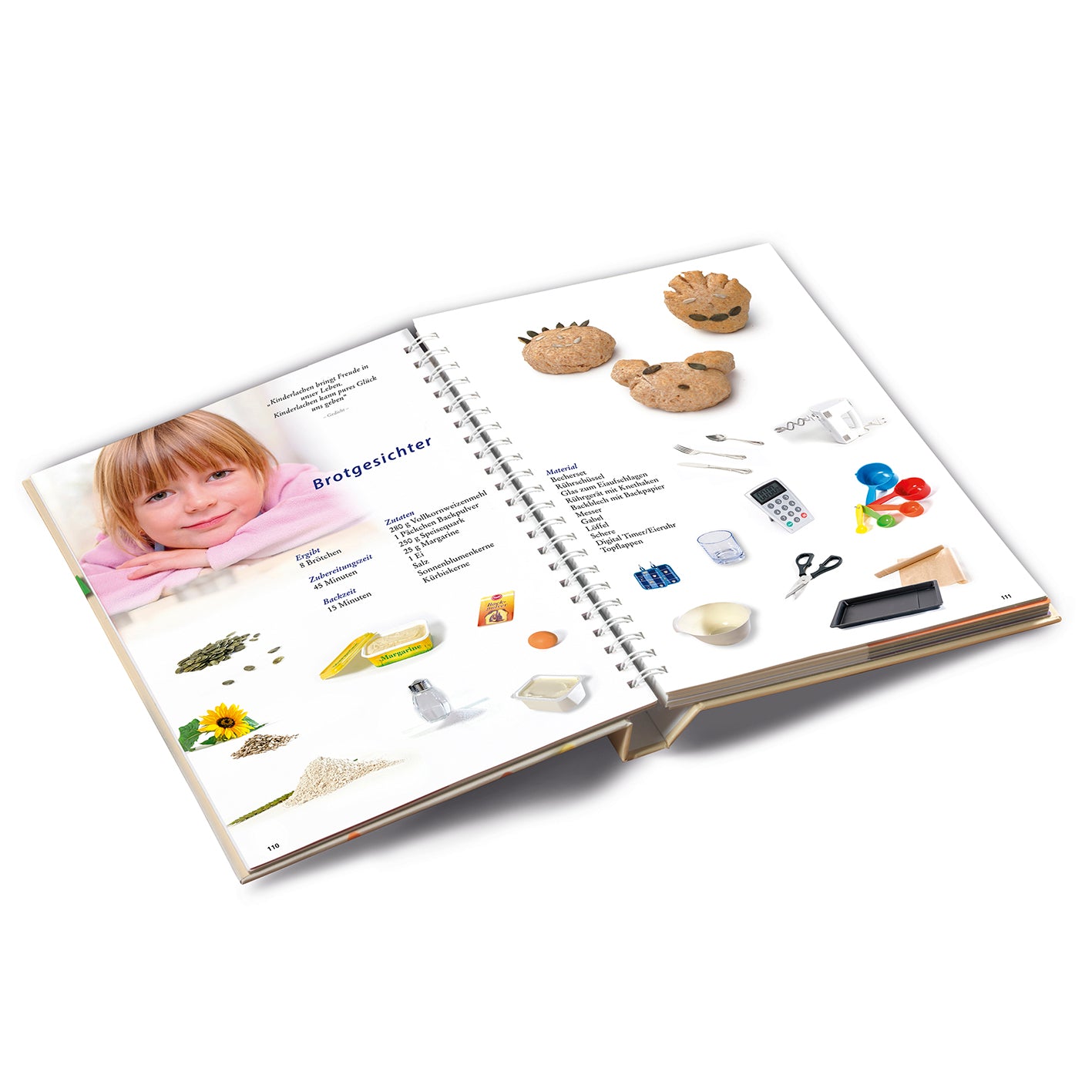 Offenes Rezeptbuch inkl Messbecher-Set Band 1 mit kindgerechten Backrezepten und anschaulichen Bildern für Kinder ab 3 Jahren.
