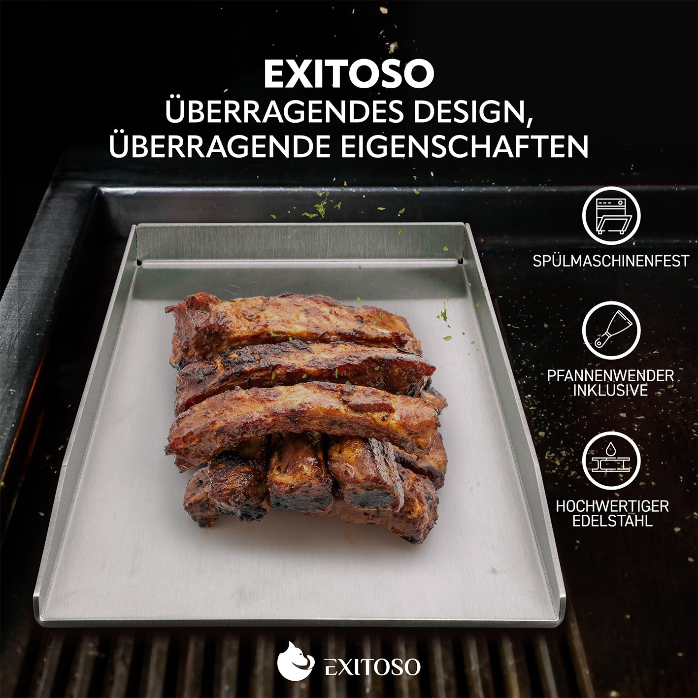 Grillplatte + Grillspachtel - Edelstahl - Universalgröße mit hochwertigem, rostfreiem Edelstahl und Spülmaschinenfestigkeit, inkl. Pfannenwender.