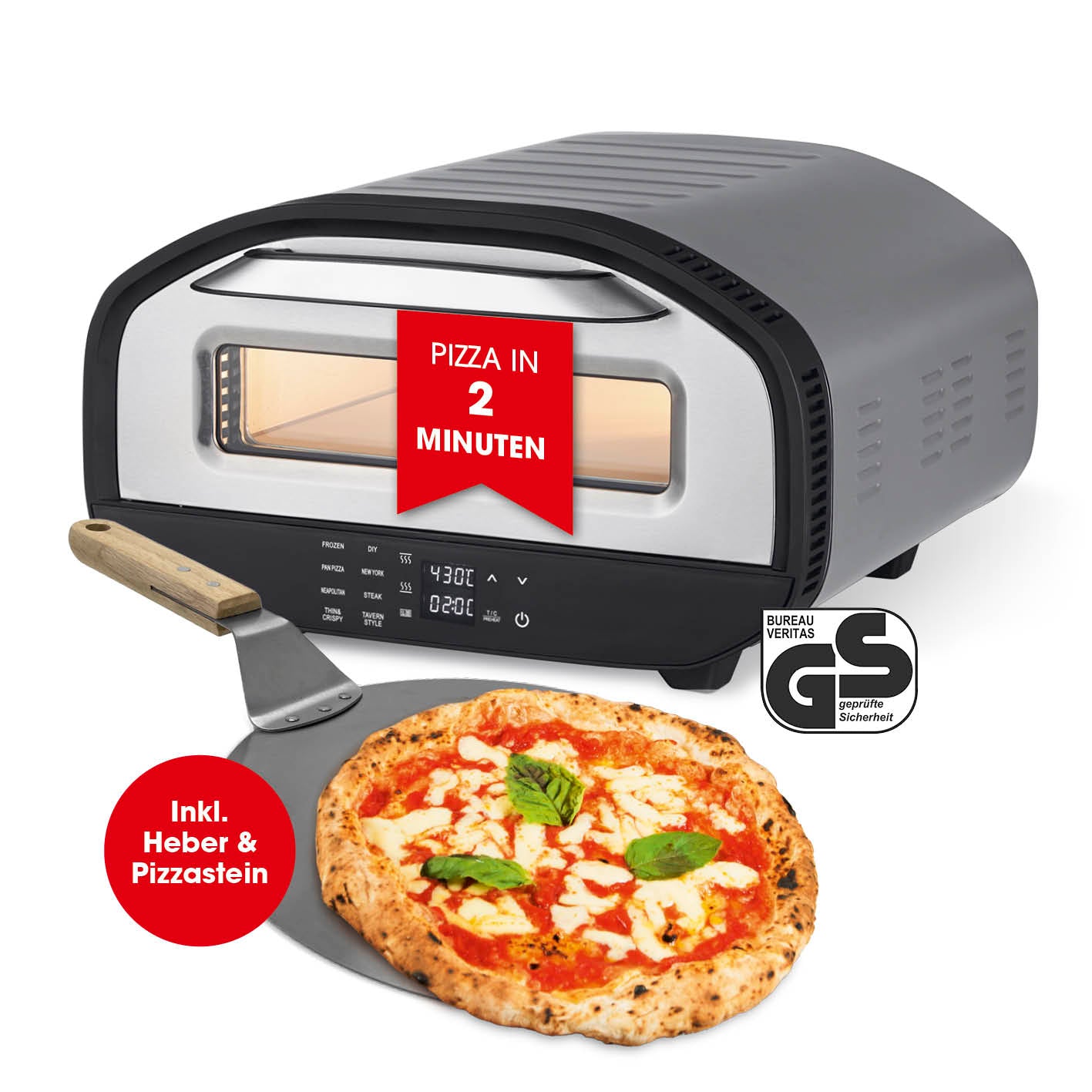 Elektro-Pizzaofen mit Pizzaheber für perfekte Pizza in 2 Min., 1700 Watt, 430°, 8 Programme, inkl. Heber und Pizzastein.