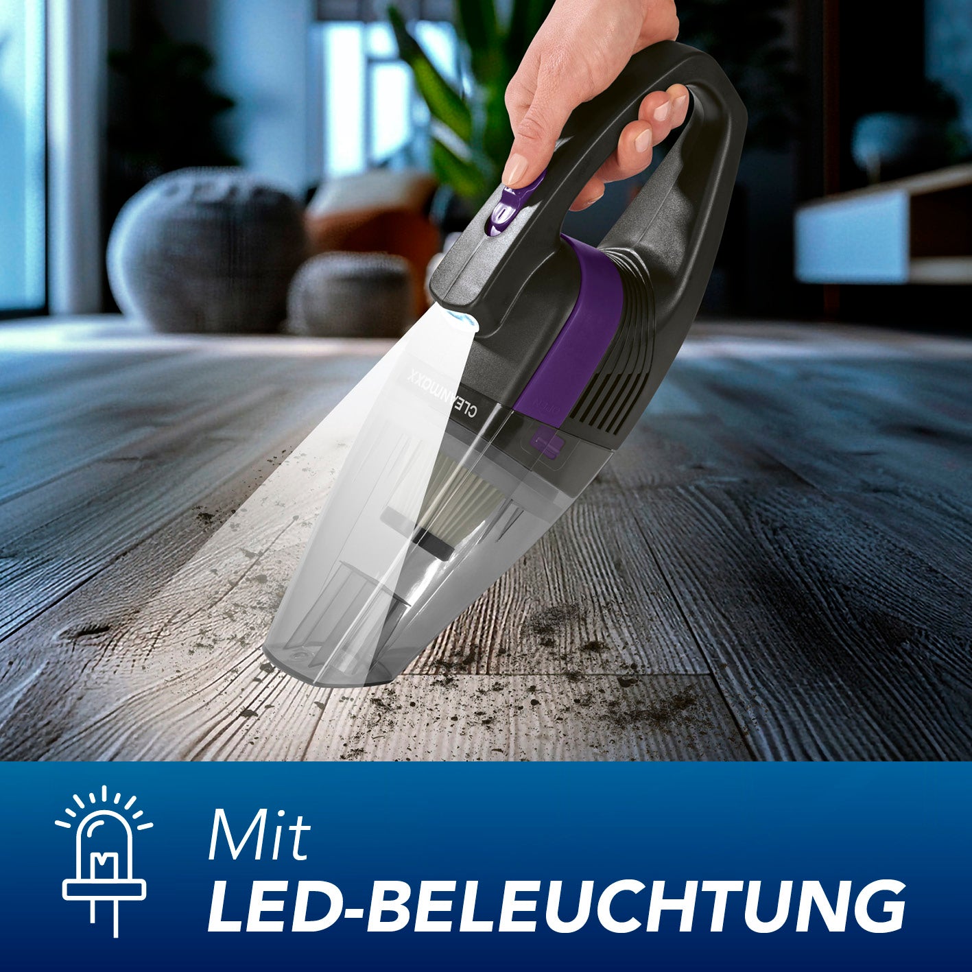 Akku-Handstaubsauger kabellos mit LED-Beleuchtung, 3500 Pa Saugleistung und 2000 mAh Akku für einfache Reinigung schwer erreichbarer Stellen.