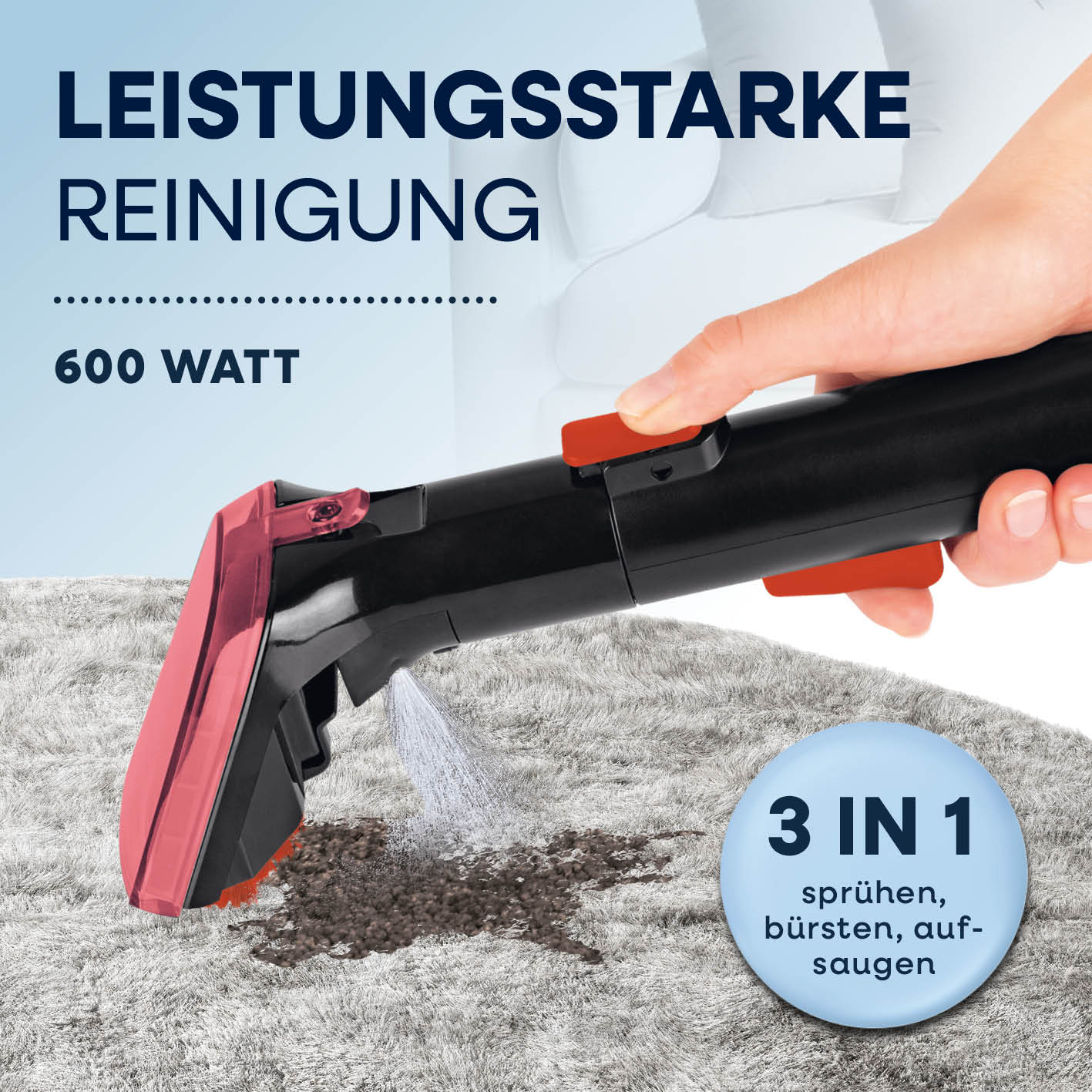 Polster- & Teppichreiniger Pro Power - Grau/Rot, 600 Watt, 3-in-1 Sprühen, Bürsten und Saugen für gründliche Teppichreinigung.