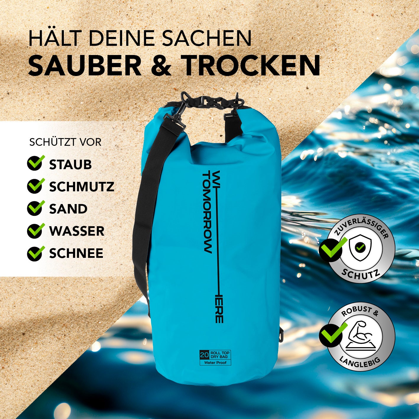 Dry Bag 20L - Style 02 - Himmelblau, wasserdichter, robuster Outdoor-Rucksack mit UV-Schutz und Rolltop-Verschluss für sichere Wertsachen.