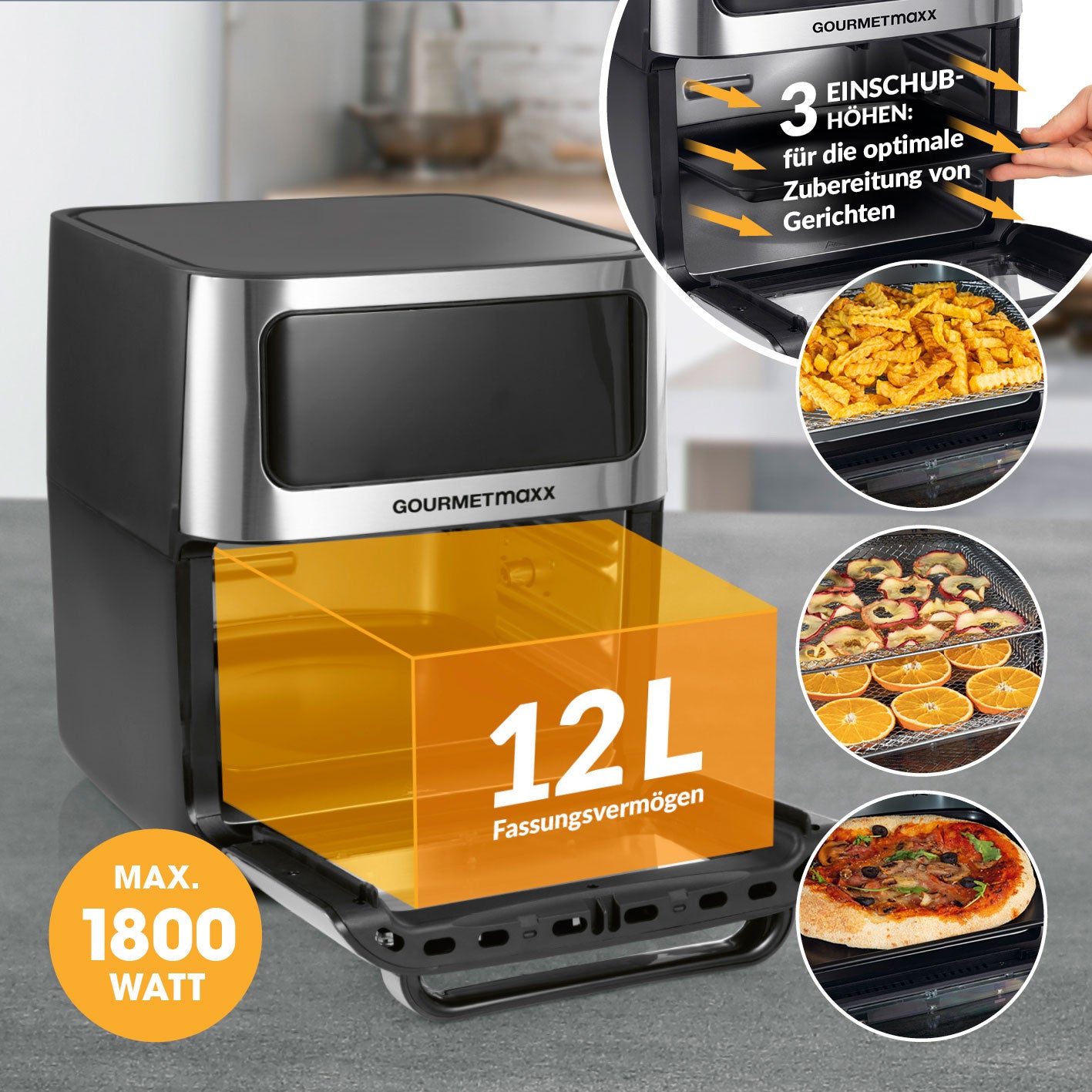 Heißluft-Ofen Digital mit Sichtfenster - 12l, 12 Liter Fassungsvermögen, 3 Einschubhöhen, max. 1800 Watt, vielseitig für Frittieren, Grillen und Backen.