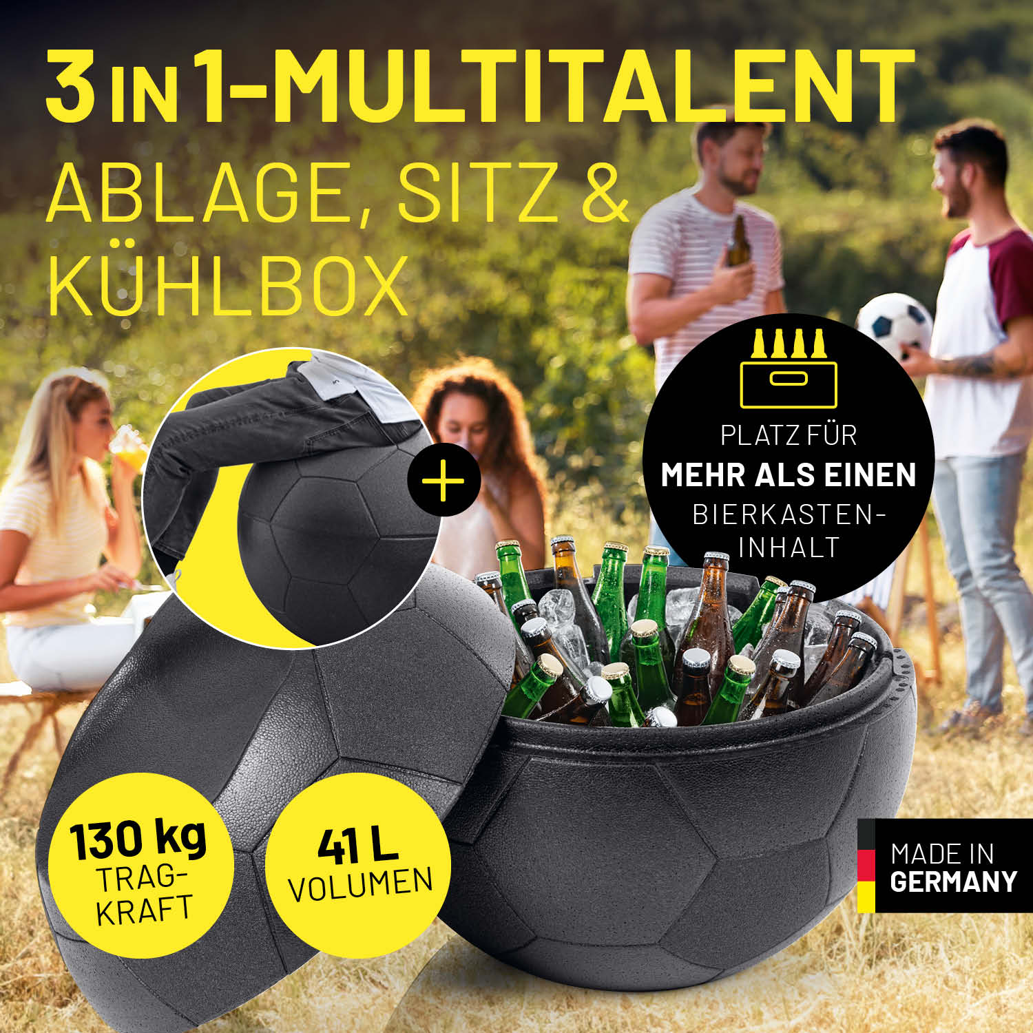 EM 2024 Fan-Lounge 1 + 1 mit XXL-Fußball-Sitzsack und Kühlbox in Fußball-Design, 130 kg Tragkraft, 41 L Volumen, robust und multifunktional.