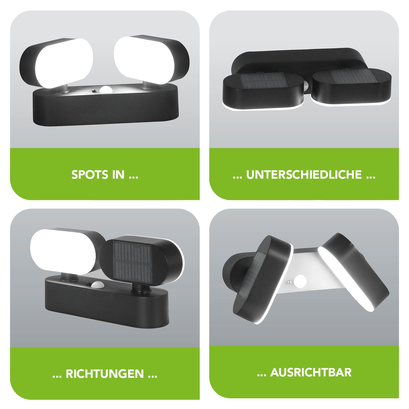 Doppel-Solarstrahler mit Bewegungsmelder - 2er-Set, verstellbare Solar-Wandleuchte mit zwei Spots, spritzwassergeschützt und energiesparend.