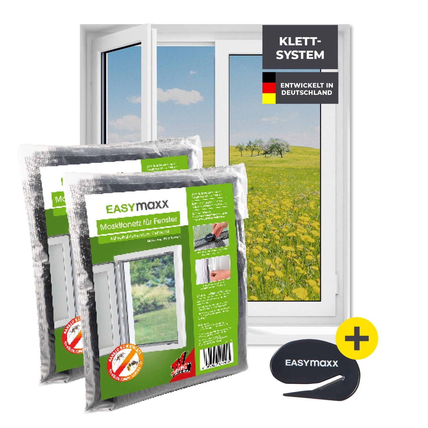 Moskitonetz für Fenster mit selbstklebendem Klettband - 2er-Set - 150 x 180 cm - Schwarz, einfache Montage ohne Bohren oder Schrauben.