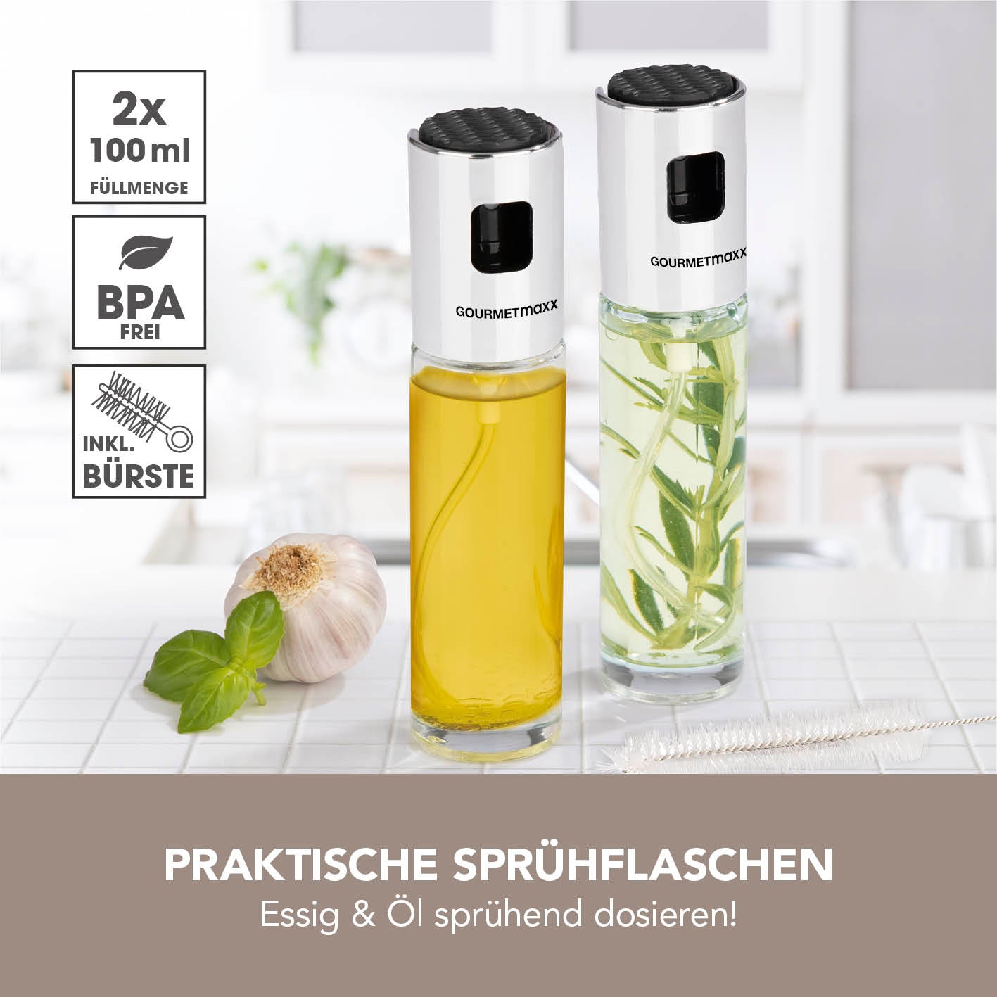Sprühflaschen - Für Essig & Öl - 2er-Set mit BPA-freiem Material, praktischem Sprüheffekt und Reinigungsbürste, 2 x 100 ml.