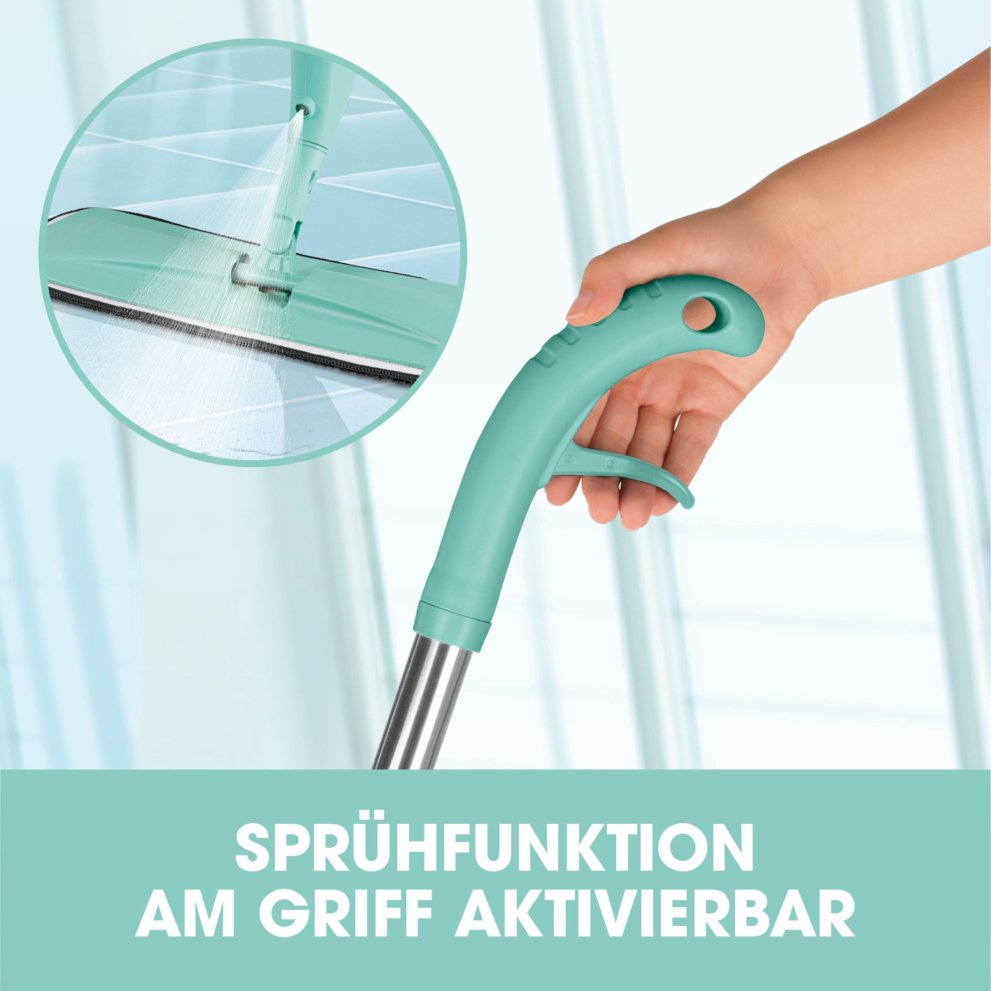 Spray-Mopp - 400 ml Wassertank - türkis mit integrierter Sprühfunktion und ergonomischem Griff für einfaches Reinigen ohne Eimer.