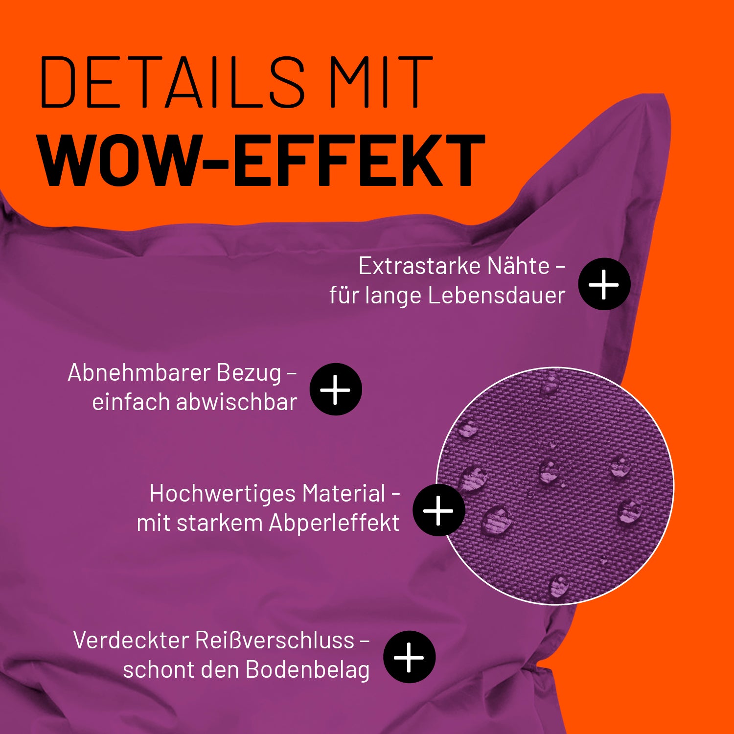 Sitzsack Classic XXL (380 L) in Lila mit abnehmbarem Bezug, wasserabweisendem Material, extrastarken Nähten und verdecktem Reißverschluss.