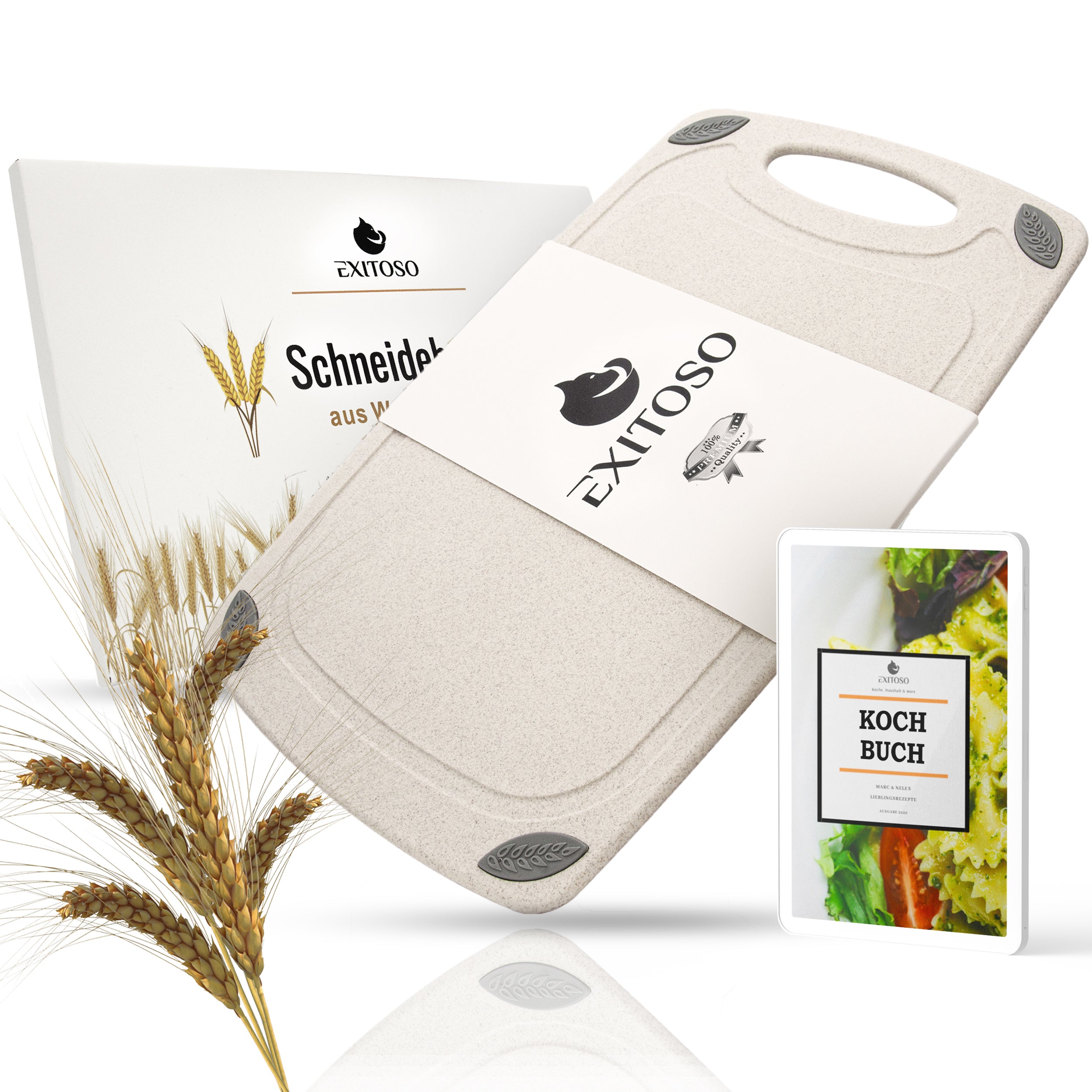 Schneidebrett aus PP-Material & Weizenstroh - Beige mit rutschfesten Ecken, stilvoller Verpackung und digitalem Kochbuch im Set.