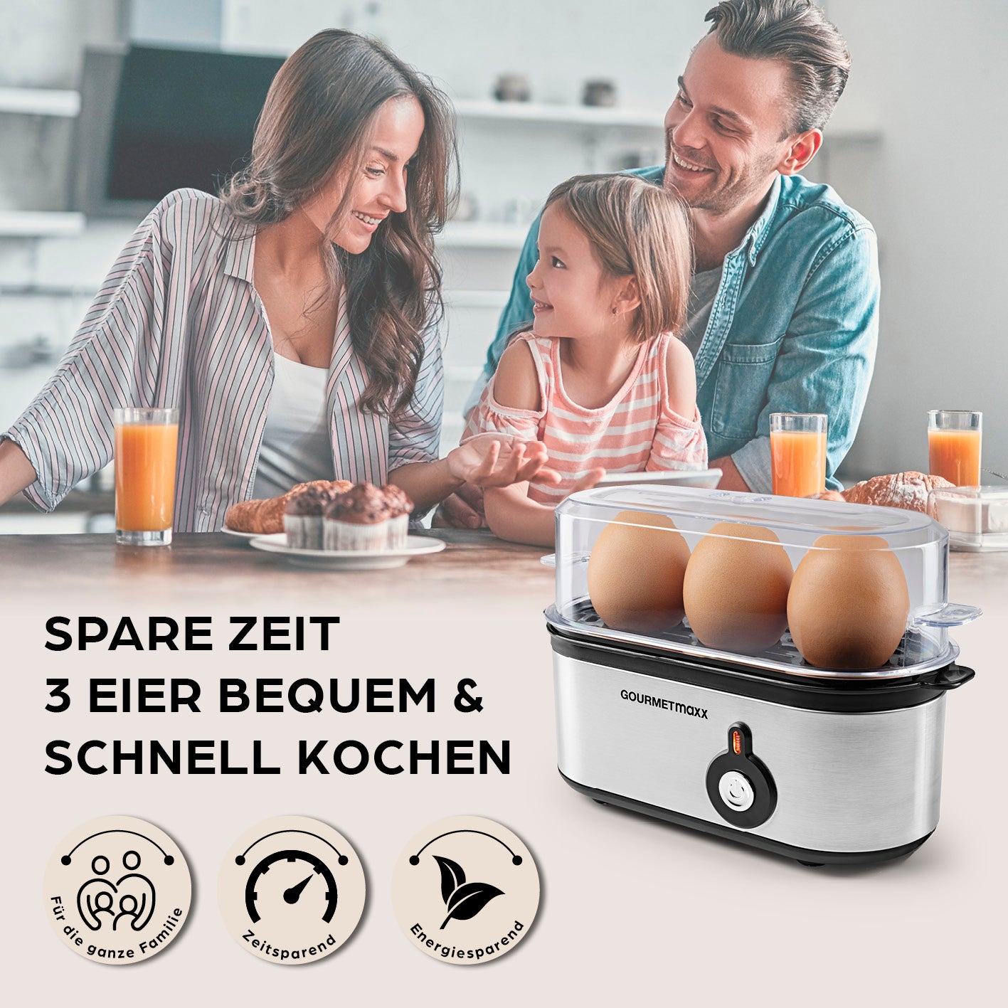 Design-Eierkocher 3 Eier - Edelstahl, kompakt, für 3 Eier mit 3 Härtegraden und integriertem Eierstecher für zuhause und unterwegs.