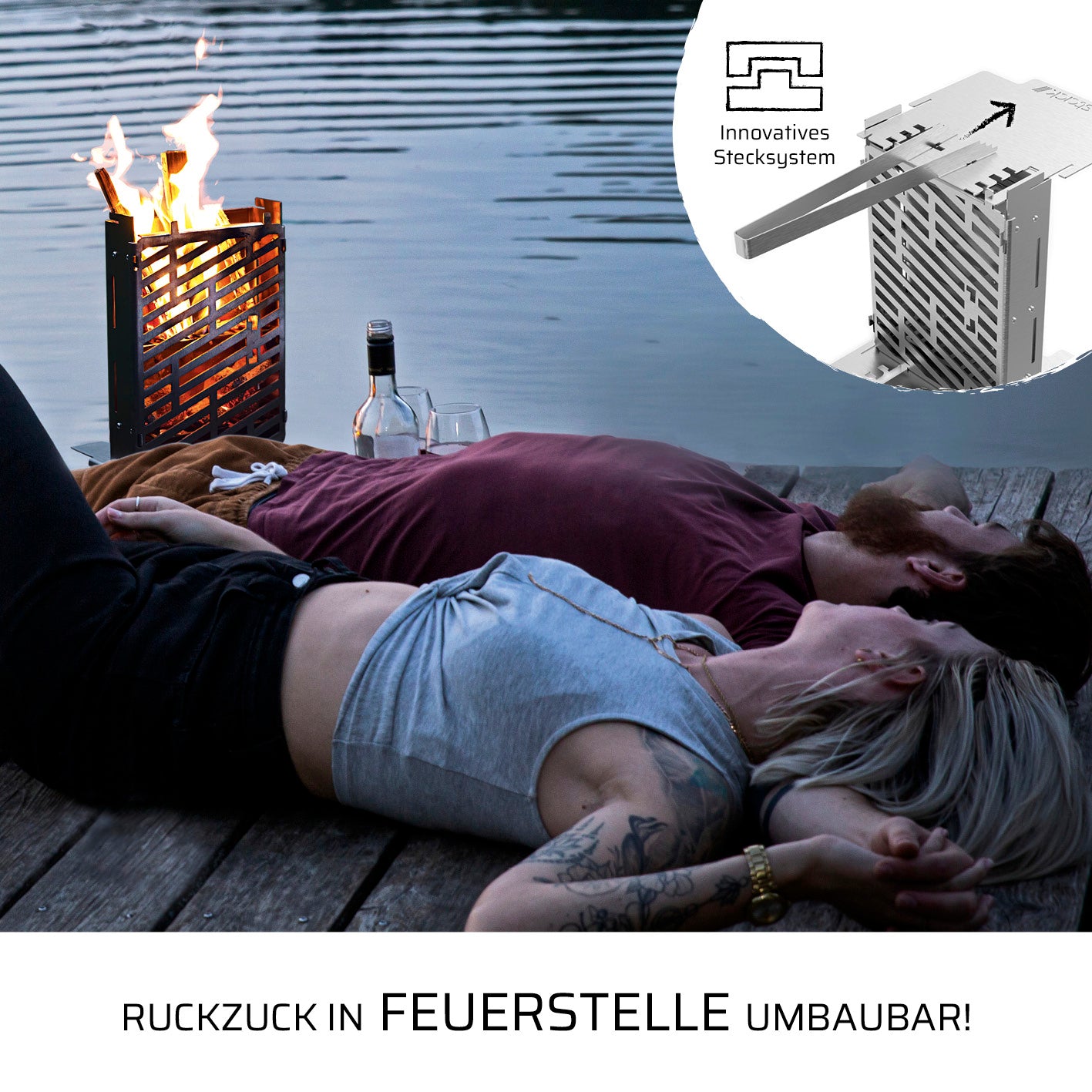 Grill und Feuerstelle mobiler Grill mit Kamineffekt, inkl. Edelstahlzange und Transporttasche für 2-5 Personen, höhenverstellbar.