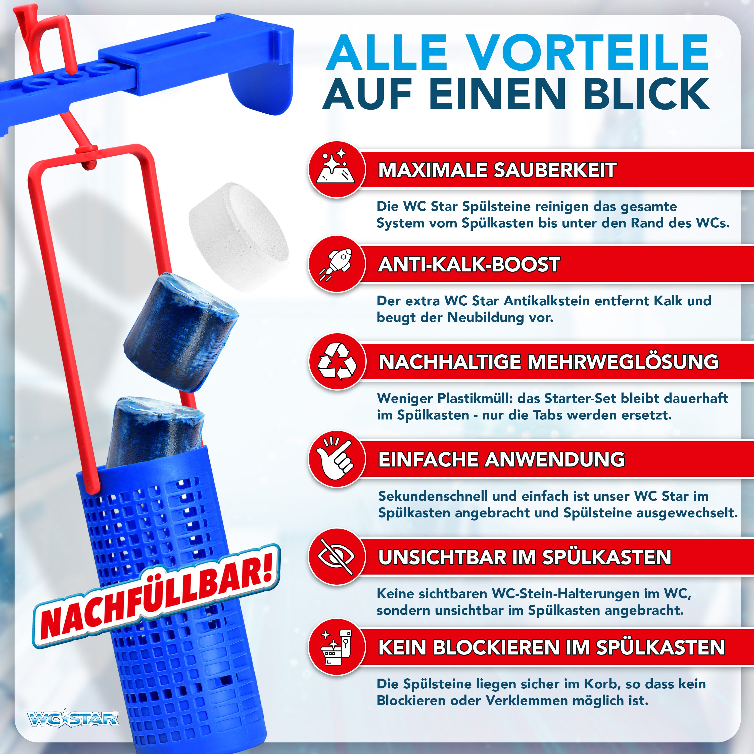 WC-Star Spülkasten-Hygiene-Set mit Einhänger, Tabs und Antikalk-Tab für langanhaltende Frische und saubere WC-Spülkästen.